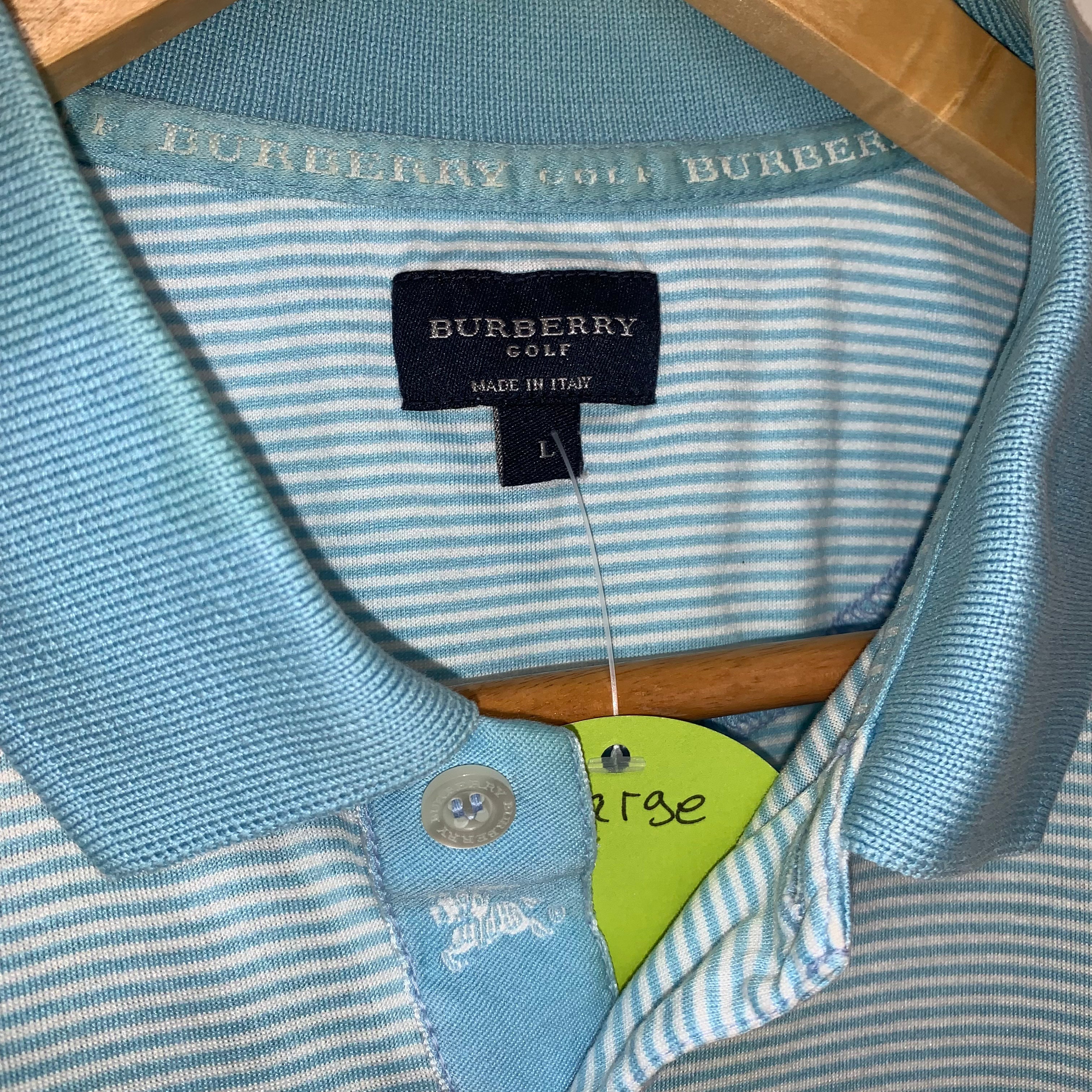Burberry Golf Light Blue Stripe Polo Shirt: Large