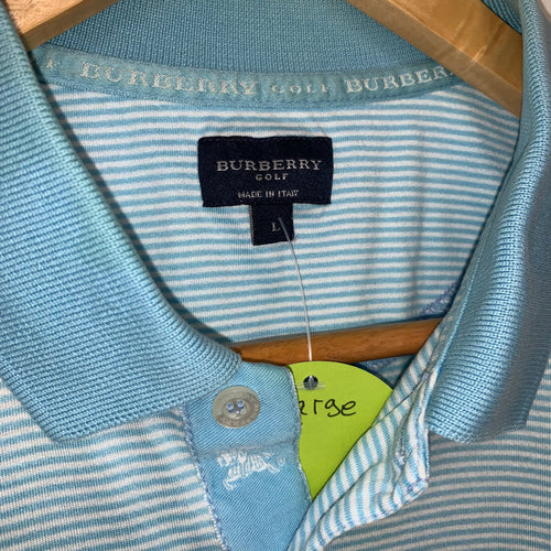 Burberry Golf Light Blue Stripe Polo Shirt: Large