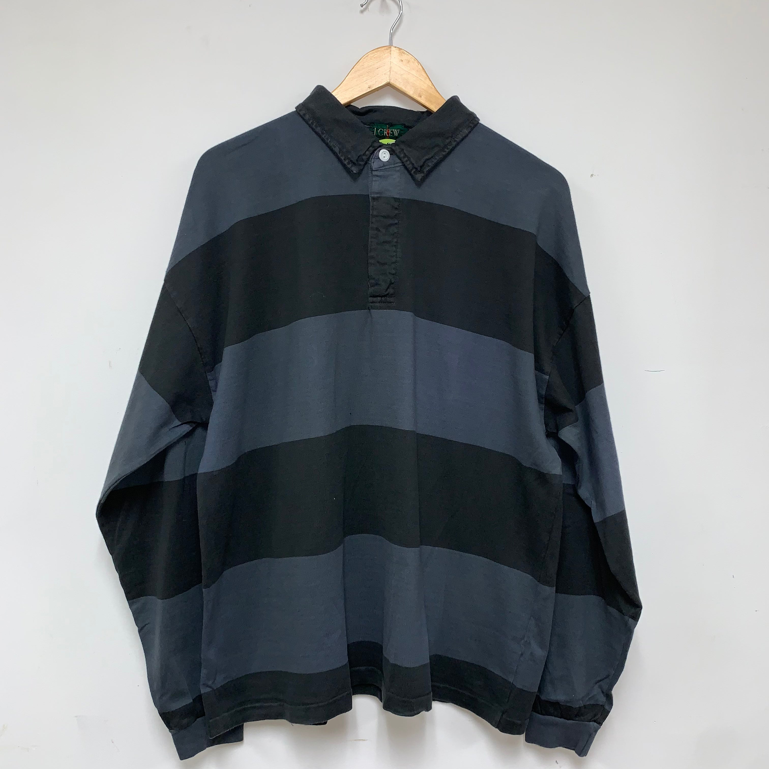 Vintage J Crew Black Gray Stripe Cotton Rugby Shirt: Large