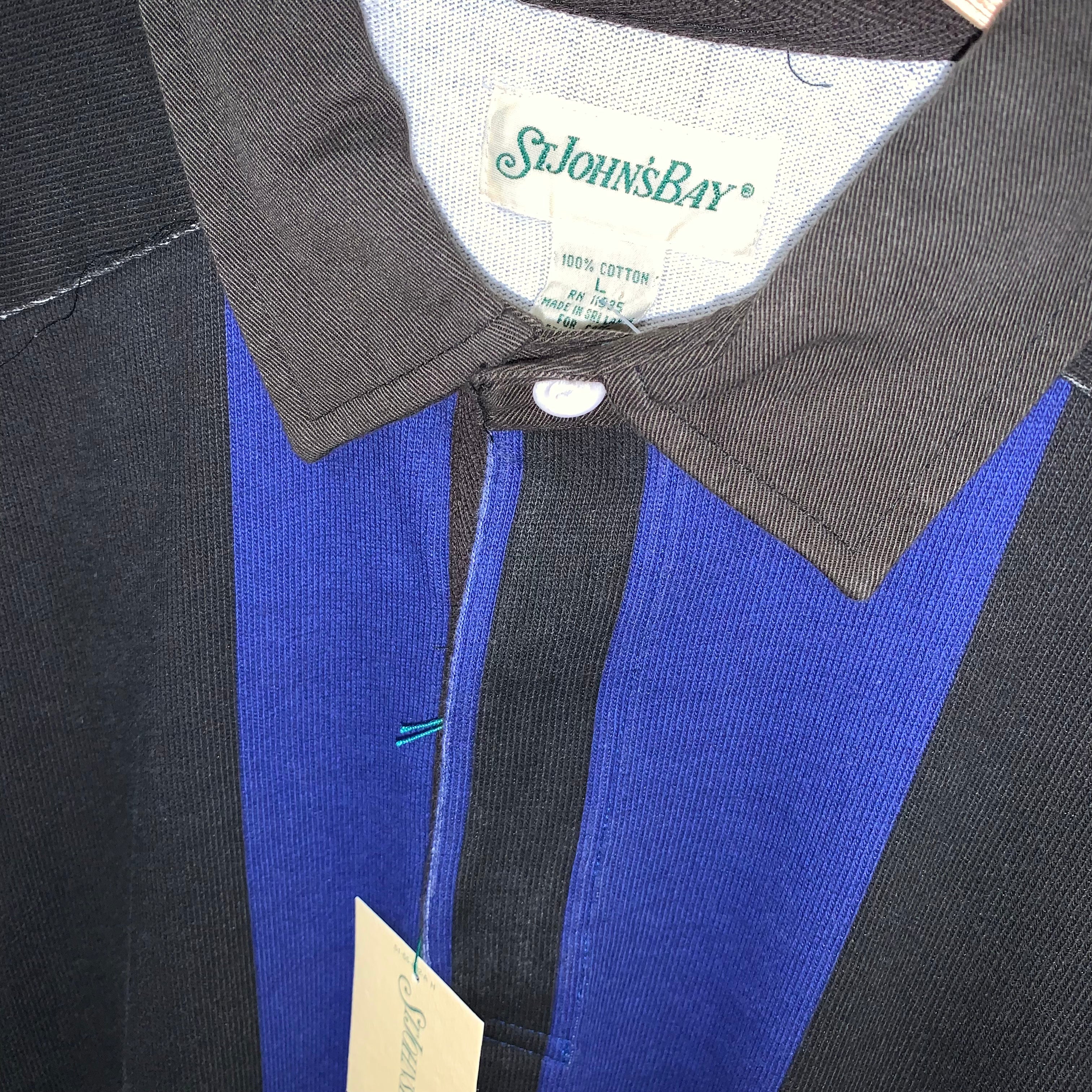 Vintage St.Johns Bay Blue Black Stripe Cotton Rugby Shirt: Large