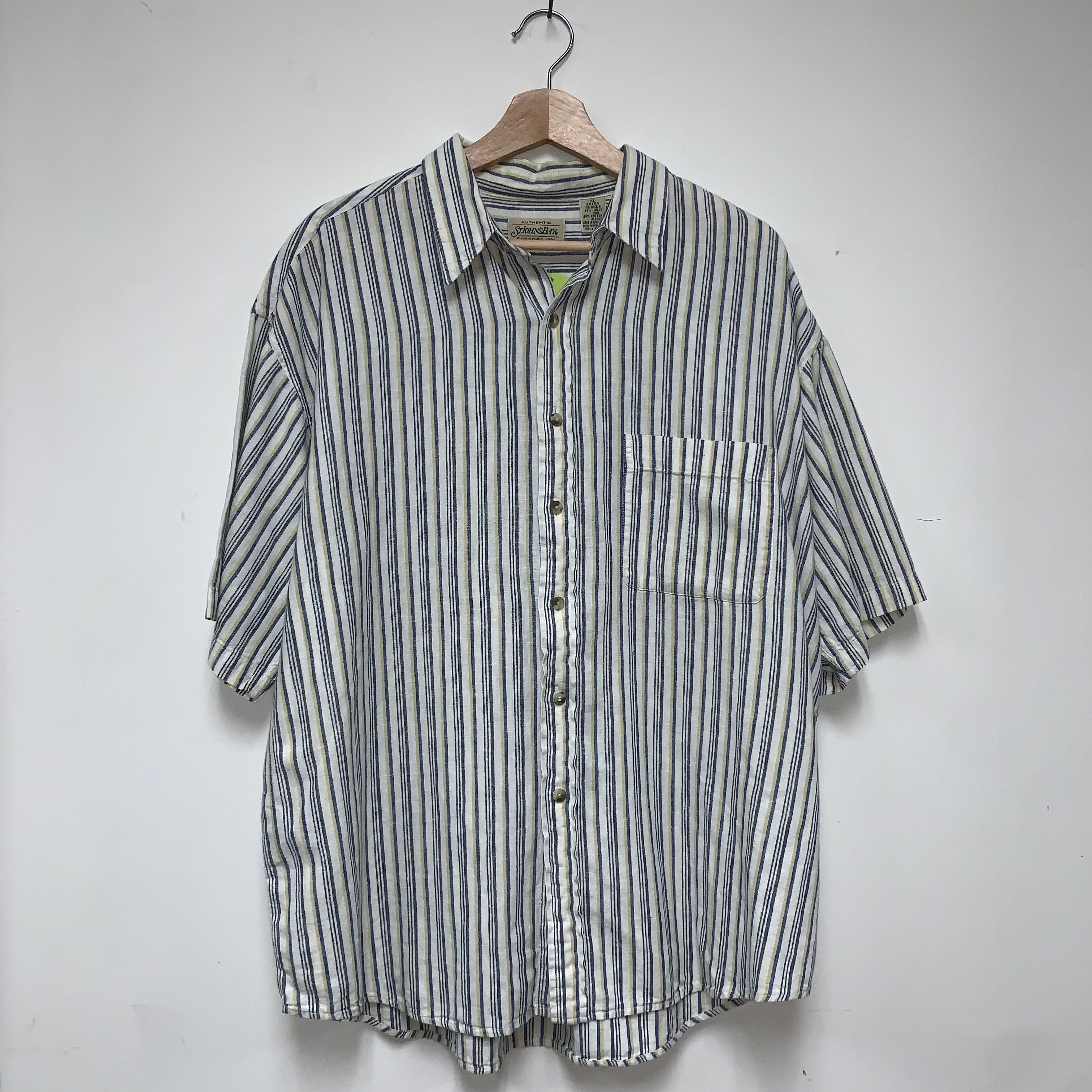 Vintage St. Johns Bay Linen/Cotton Striped Button Down: XL