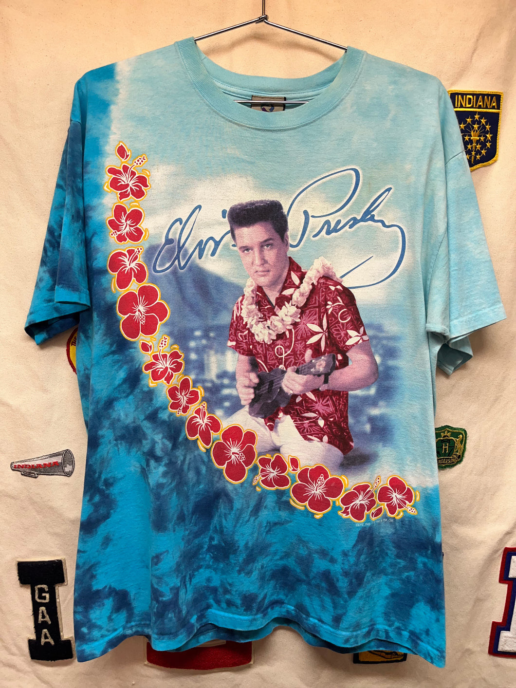 Vintage Elvis Presley Blue Hawaii Tie Dye Liquid Blue T-Shirt: Large