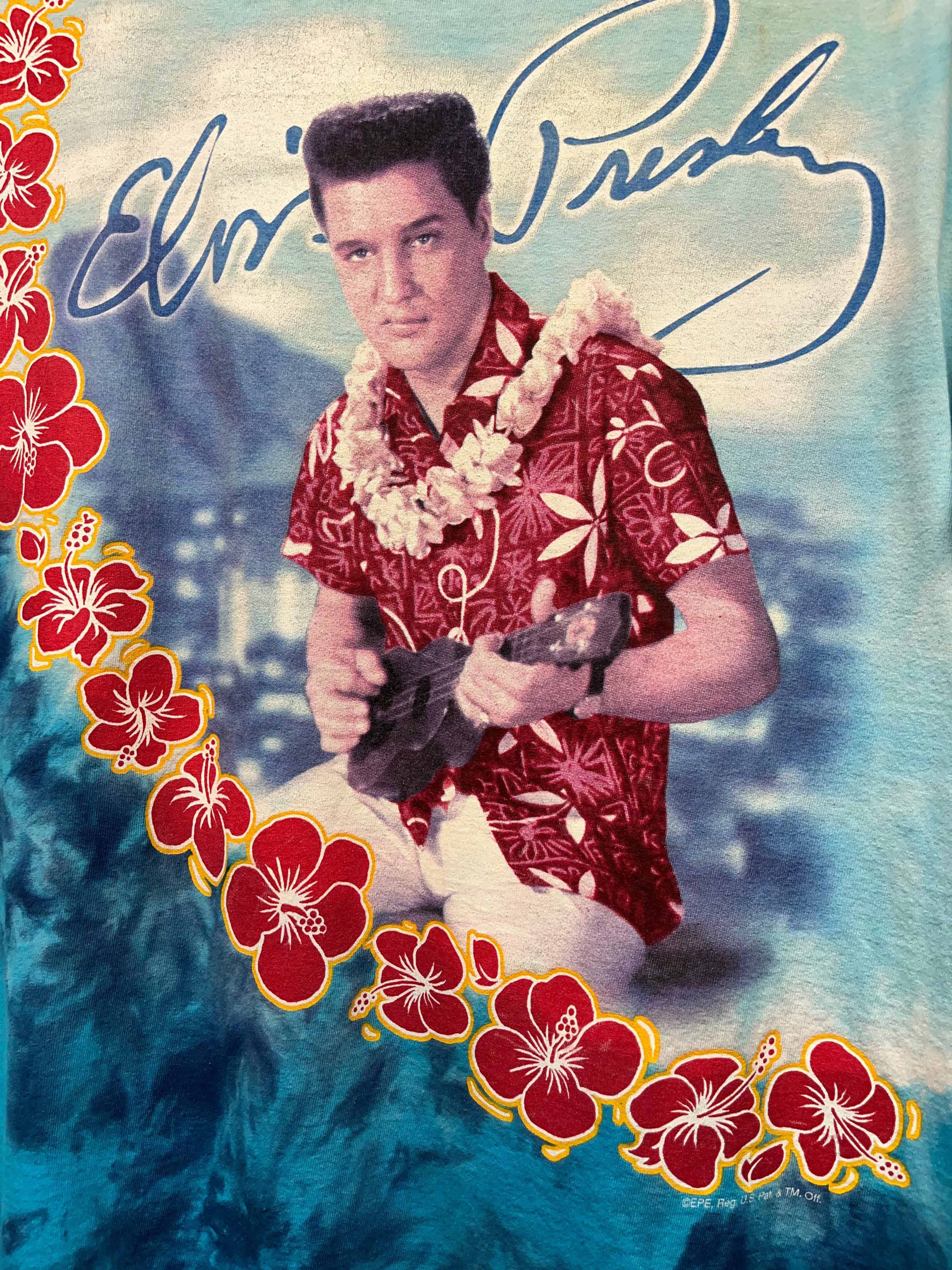 Vintage Elvis Presley Blue Hawaii Tie Dye Liquid Blue T-Shirt: Large
