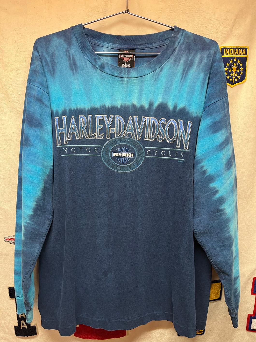 Vintage Harley Davidson Buds Evansville Indiana Blue Tie Dye Longsleeve: Large