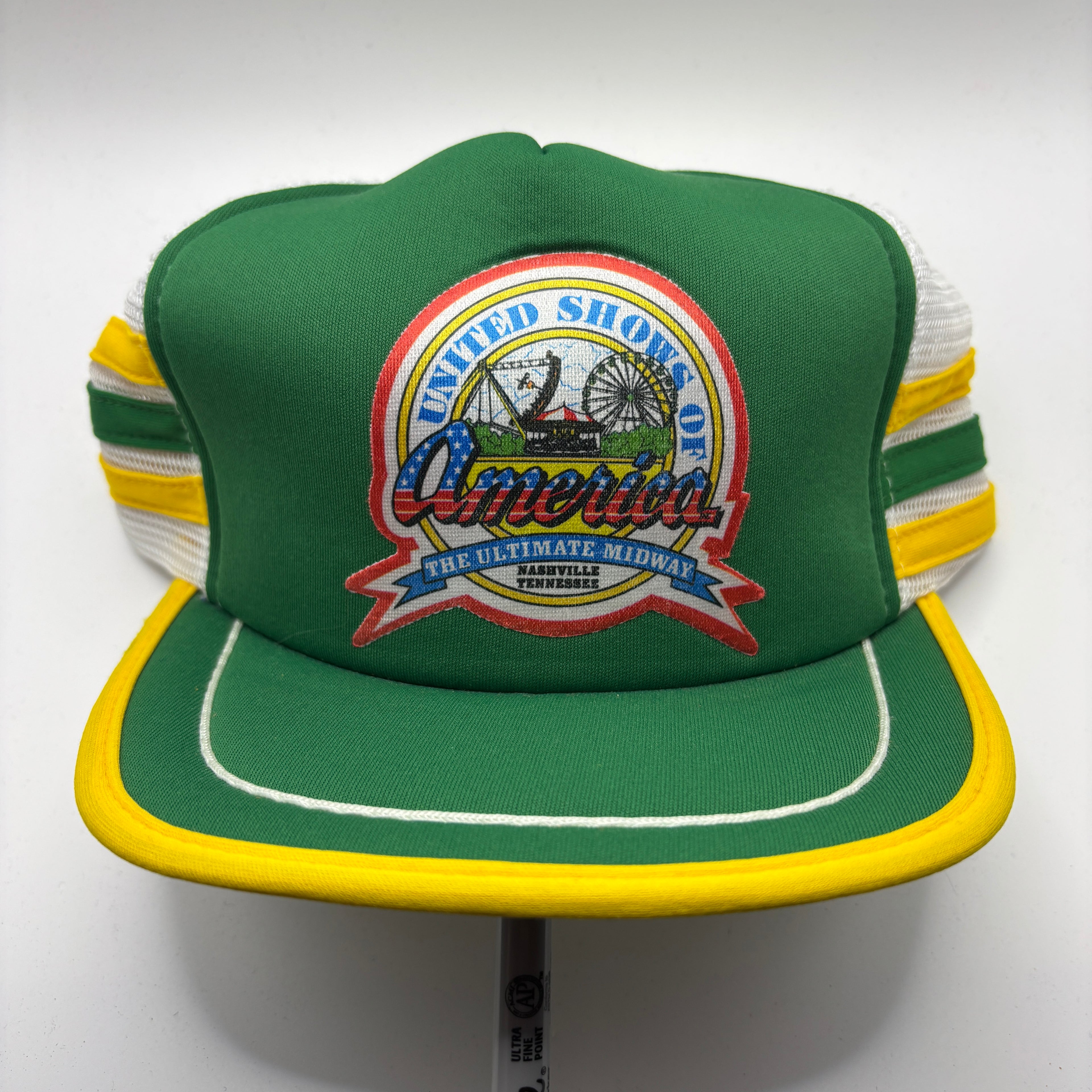 Vintage United Shows of America Nashville 3 Stripe Green Mesh Trucker Snapback Hat