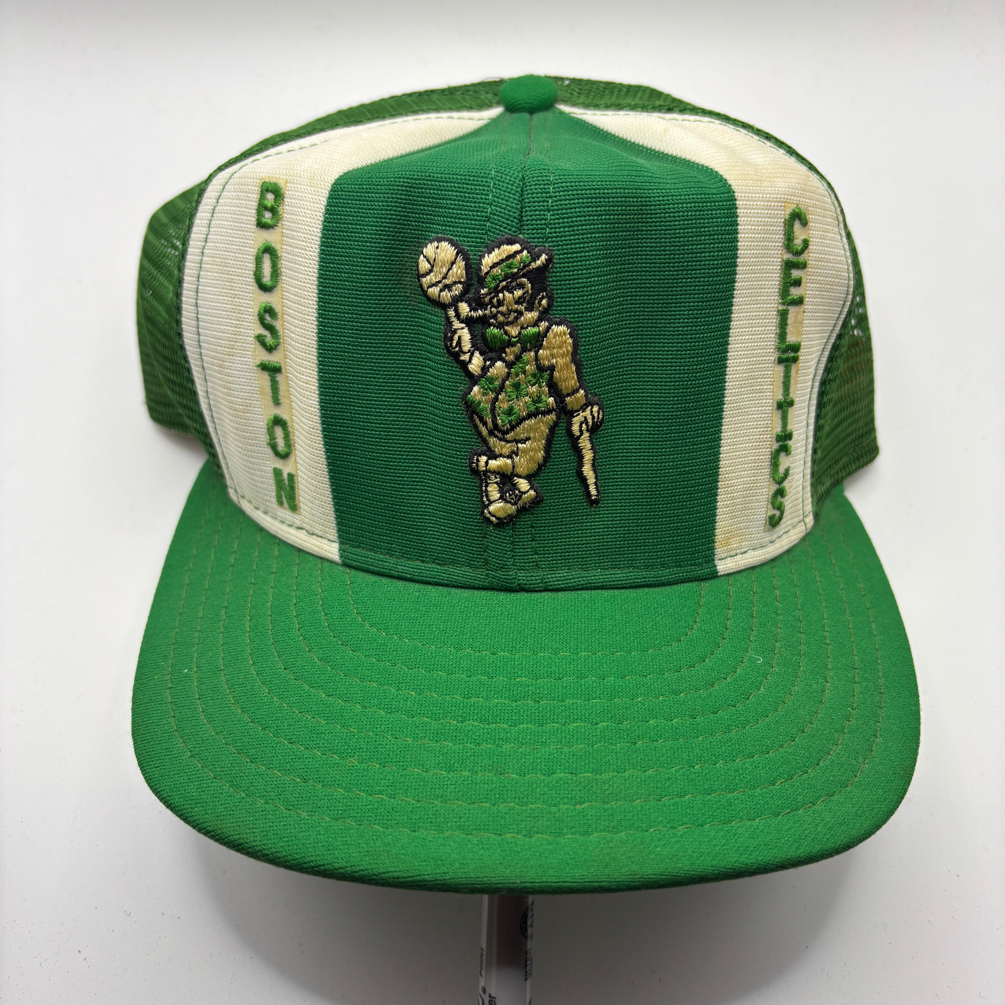 Vintage Boston Celtics NBA Lucky Stripes AJD Green Mesh Trucker Snapback Hat