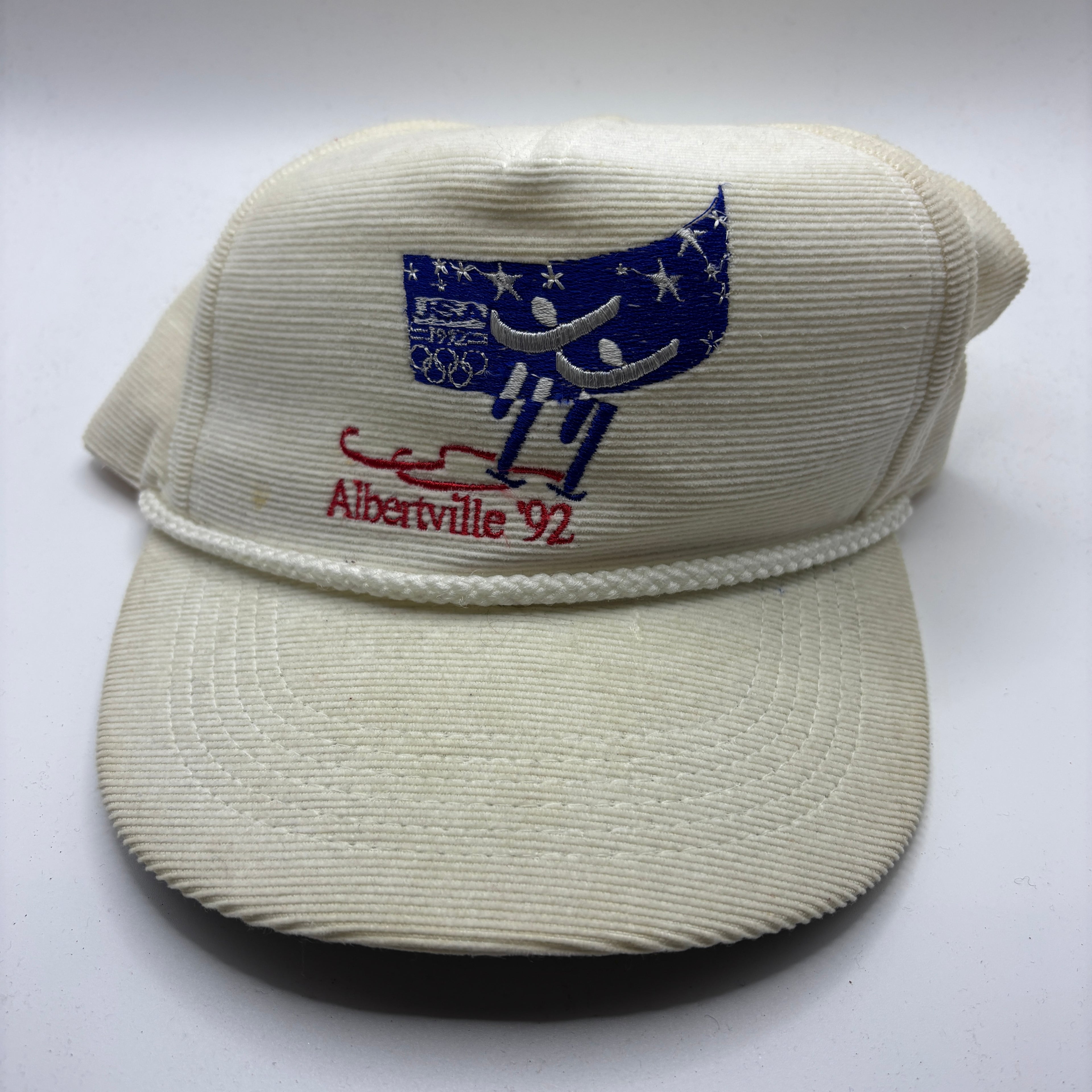 Vintage Albertville '92 USA Winter Olympics White Corduroy Rope Strapback Hat