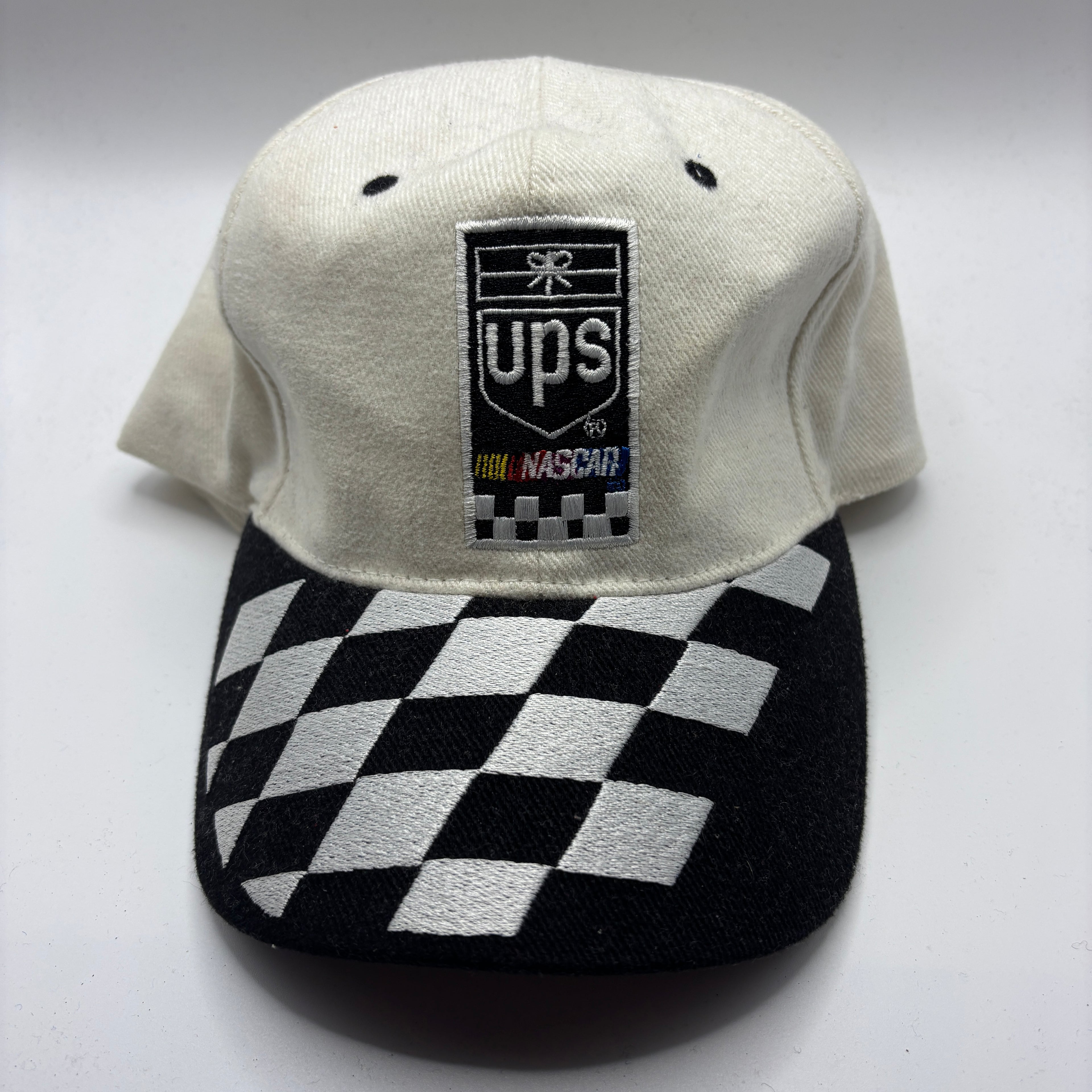 Vintage UPS Racing Checkered Flag Embroidered NASCAR White Strapback Hat