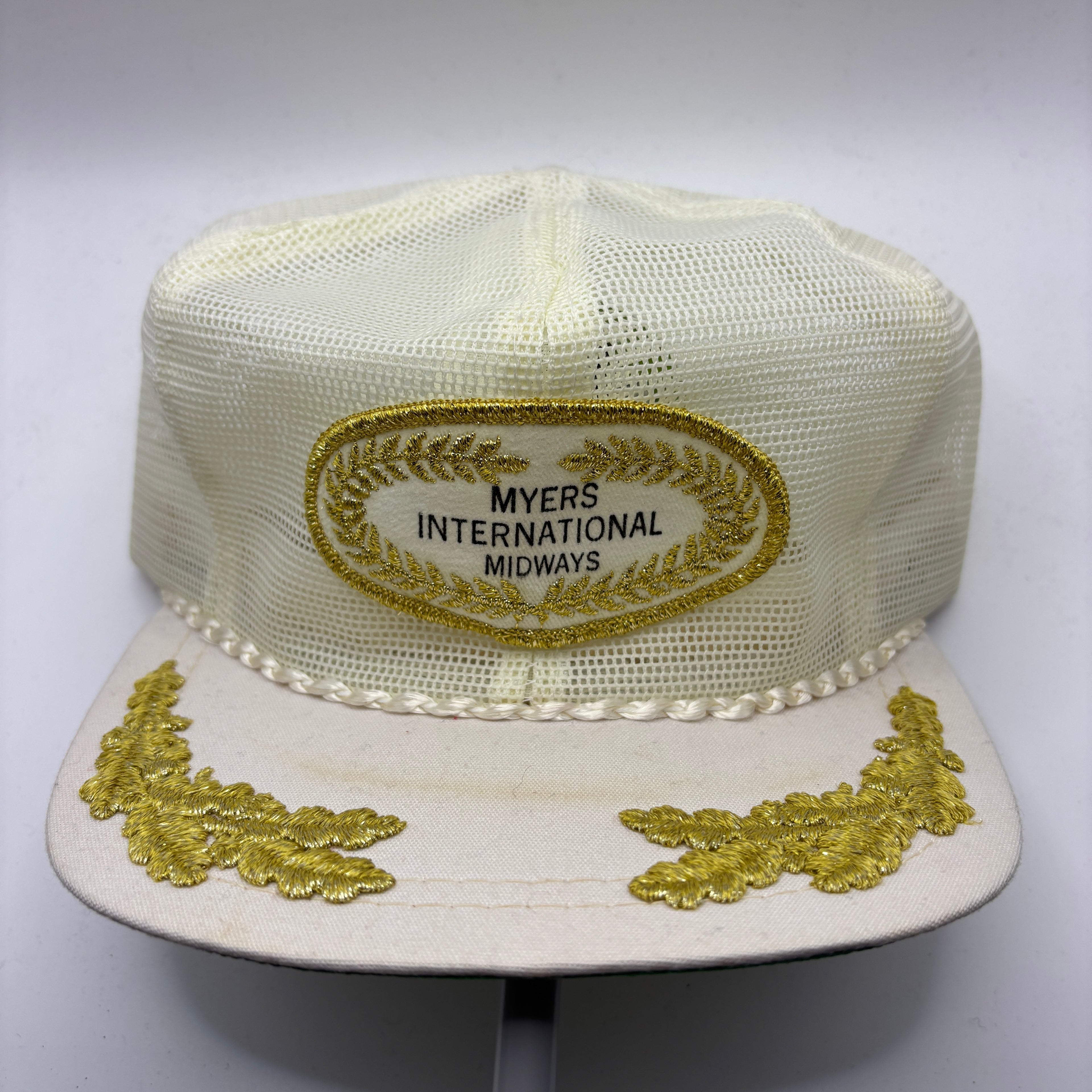 Vintage Myers International Midways Amusements Scrambled Eggs White Gold All Mesh Patch Strapback Hat