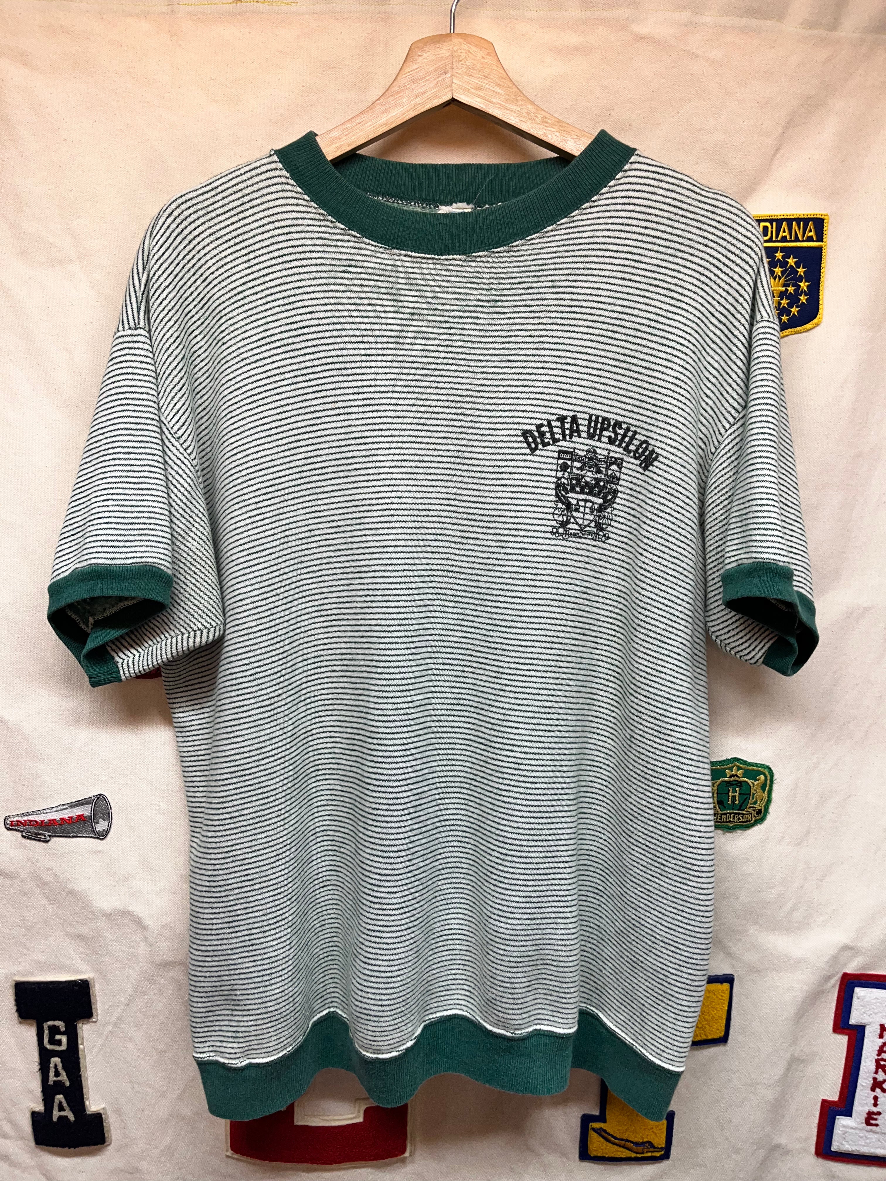 Vintage 1960's Delta Upsilon Fraternity FSSC Green Striped Short Sleeve Sweatshirt: L/XL