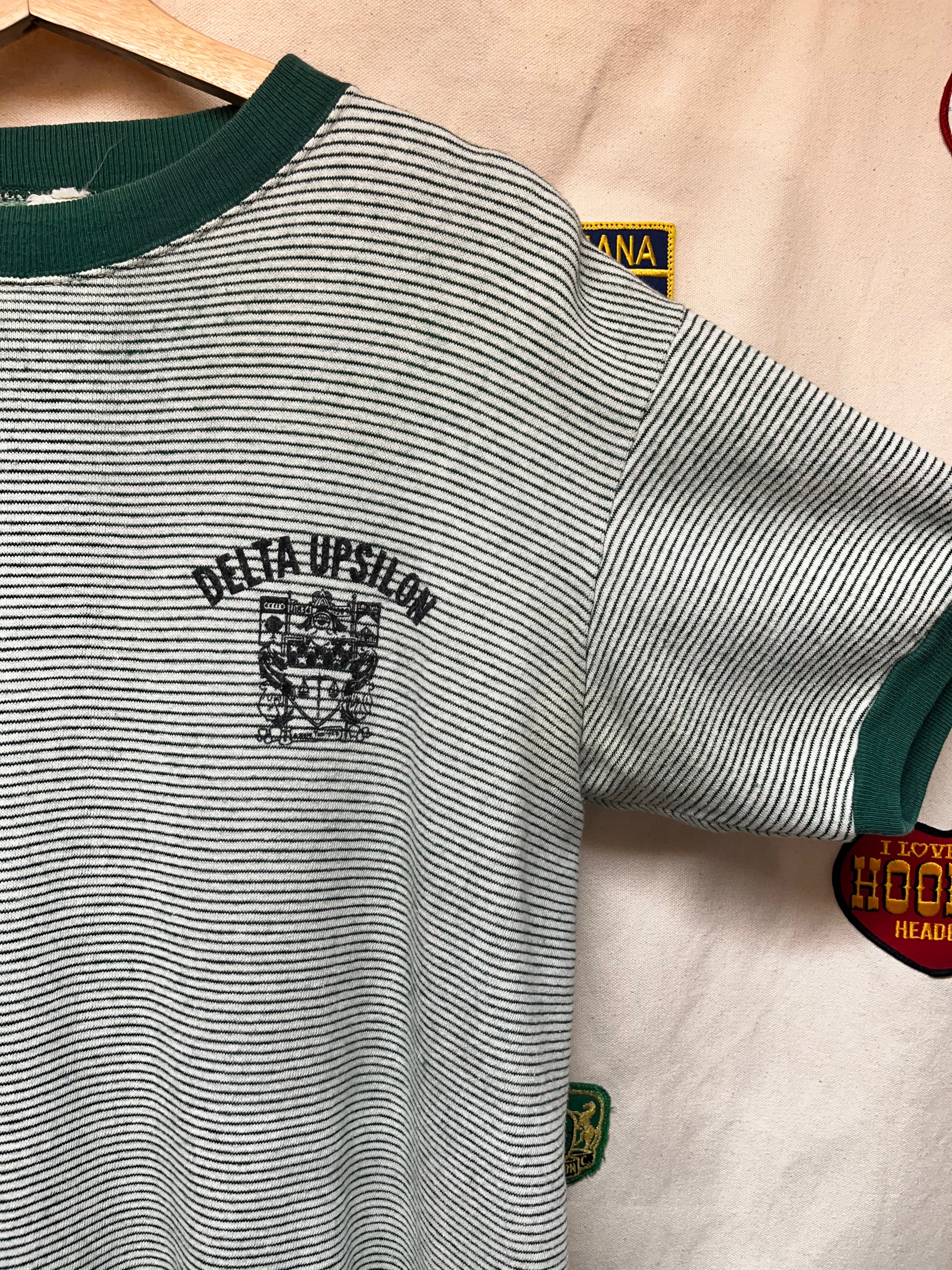 Vintage 1960's Delta Upsilon Fraternity FSSC Green Striped Short Sleeve Sweatshirt: L/XL