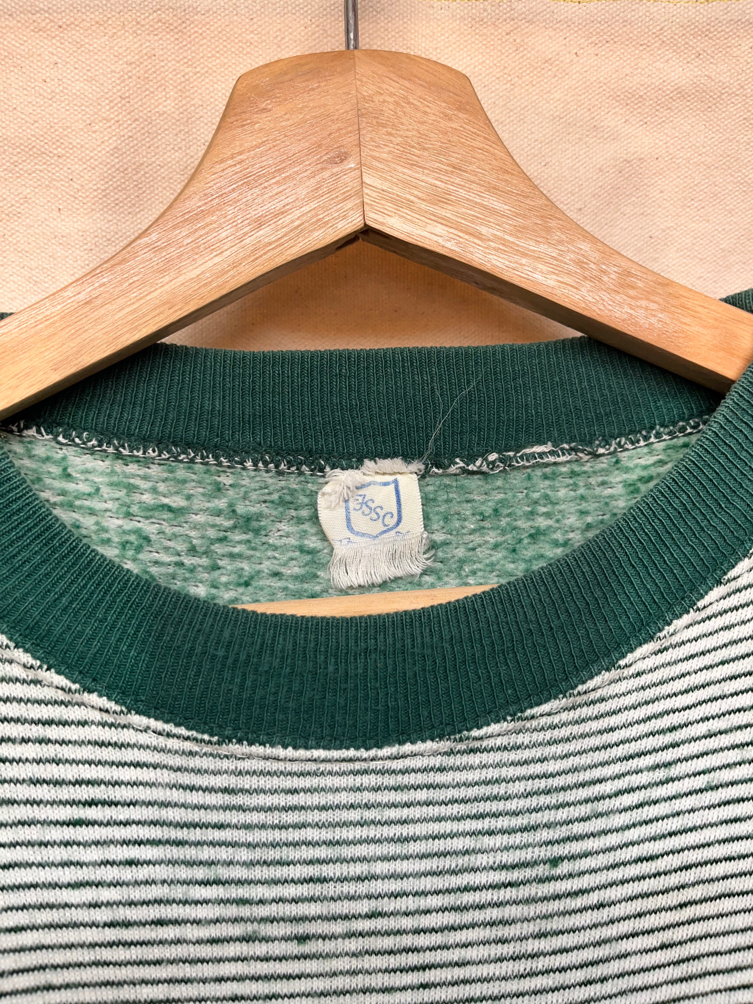 Vintage 1960's Delta Upsilon Fraternity FSSC Green Striped Short Sleeve Sweatshirt: L/XL