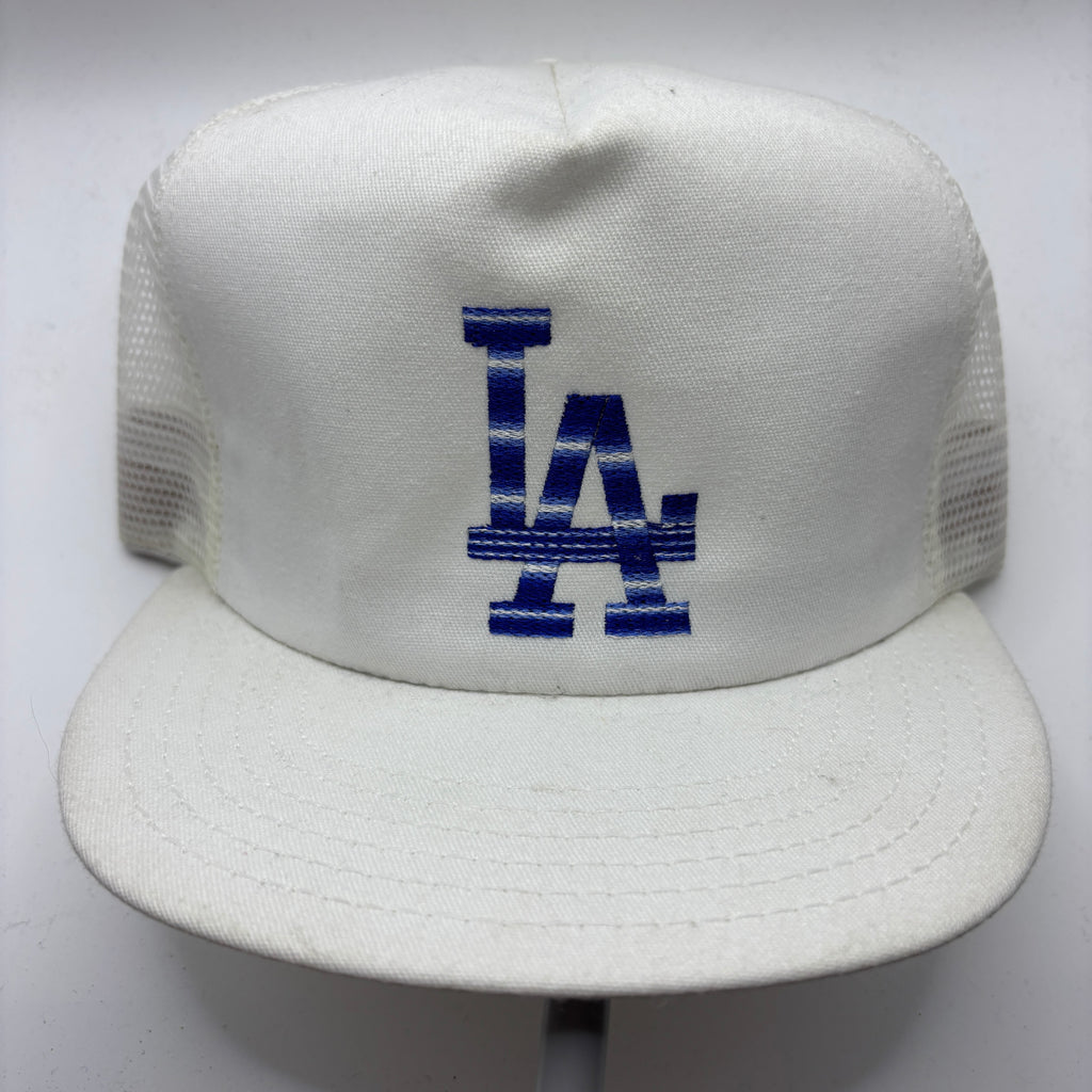 Vintage Los Angeles Dodgers White Blue Gradient Mesh Trucker Snapback Hat.