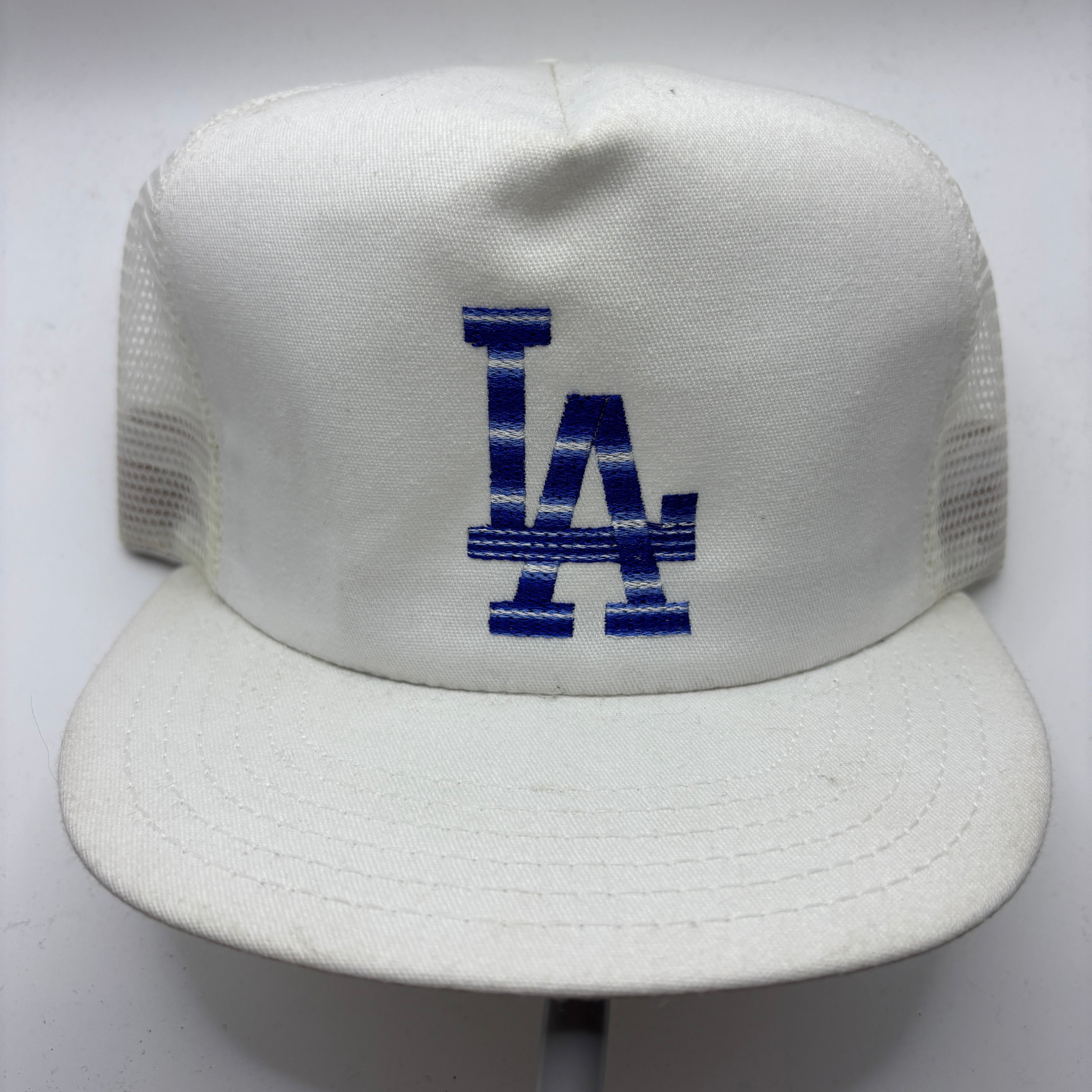 Vintage Los Angeles Dodgers White Blue Gradient Mesh Trucker Snapback Hat.