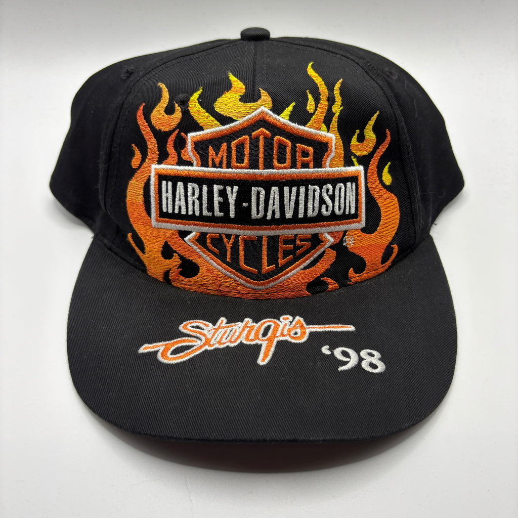 Vintage Harley Davidson Sturgis 98 Black Embroidered Flame Snapback Hat