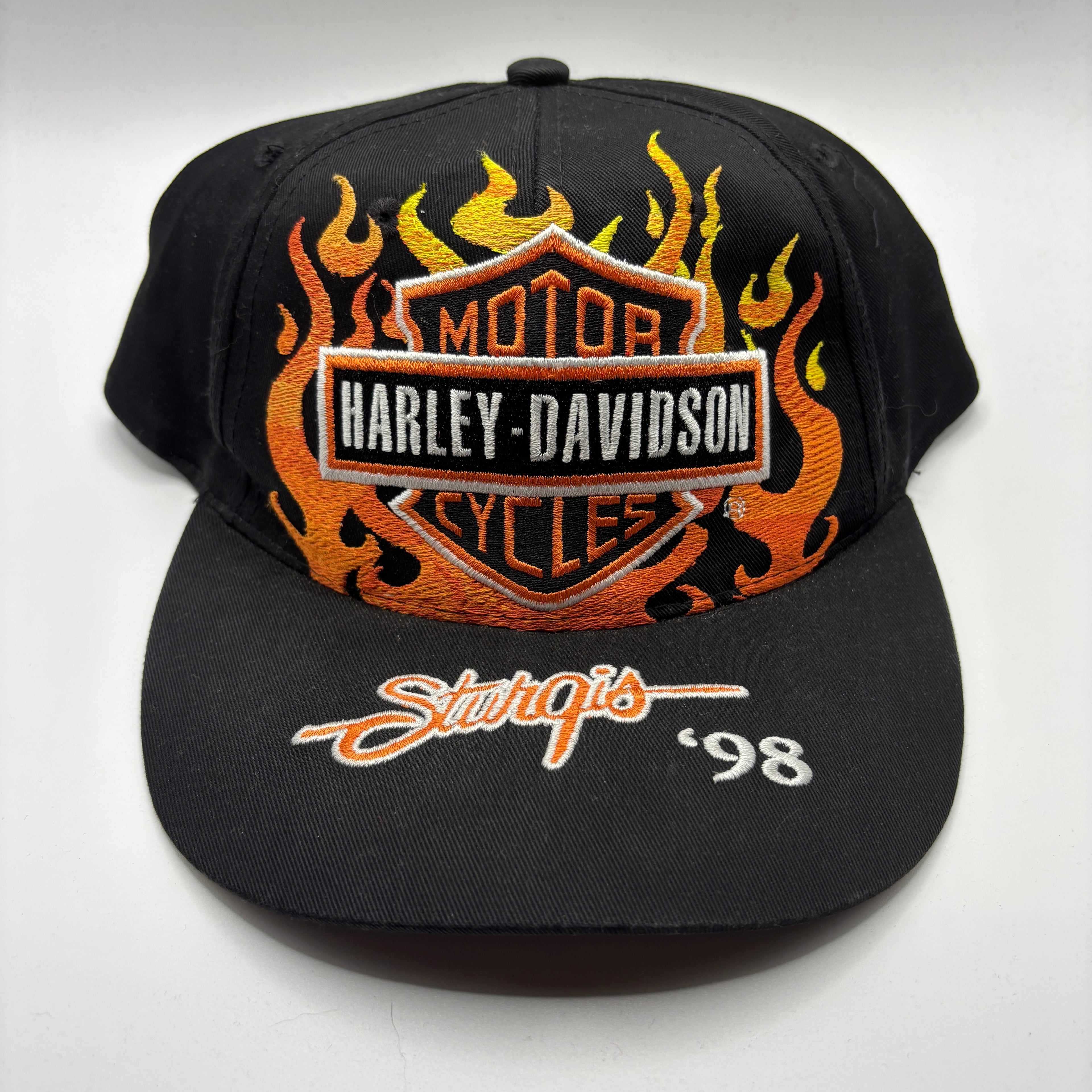 Vintage Harley Davidson Sturgis 98 Black Embroidered Flame Snapback Hat
