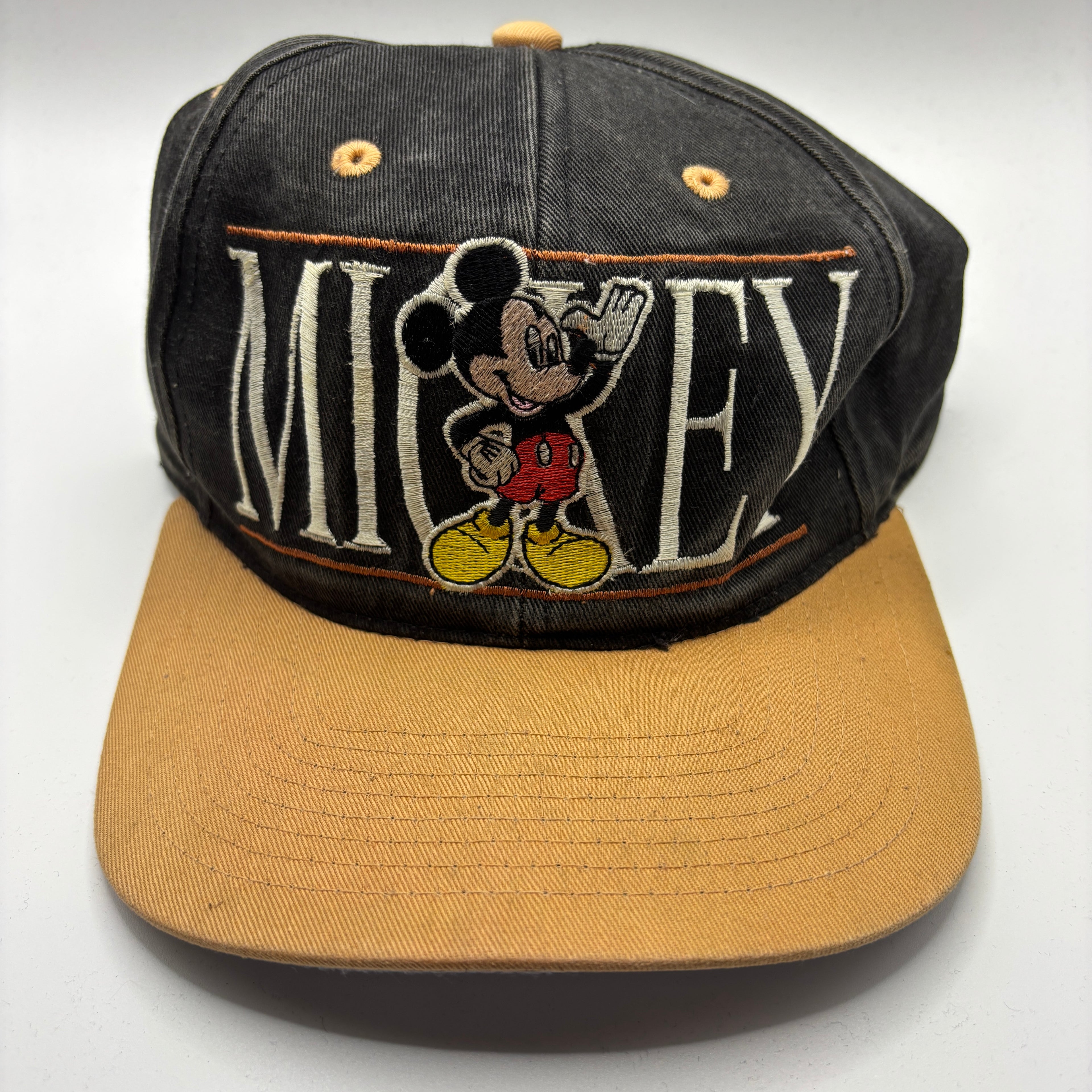 Vintage Mickey Mouse Spellout Black Tan Disney Snapback Hat