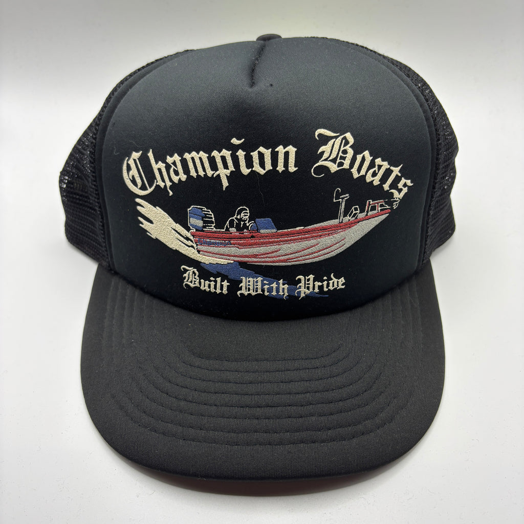 Vintage Champion Boats Built With Pride Printed Black Mesh Trucker Hat