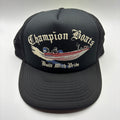 Vintage Champion Boats Built With Pride Printed Black Mesh Trucker Hat