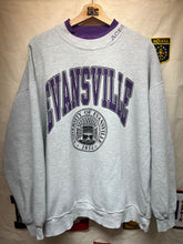 Load image into Gallery viewer, Vintage University of Evansville Purple Aces Grey Striped Crewneck Crest Sweatshirt: XL
