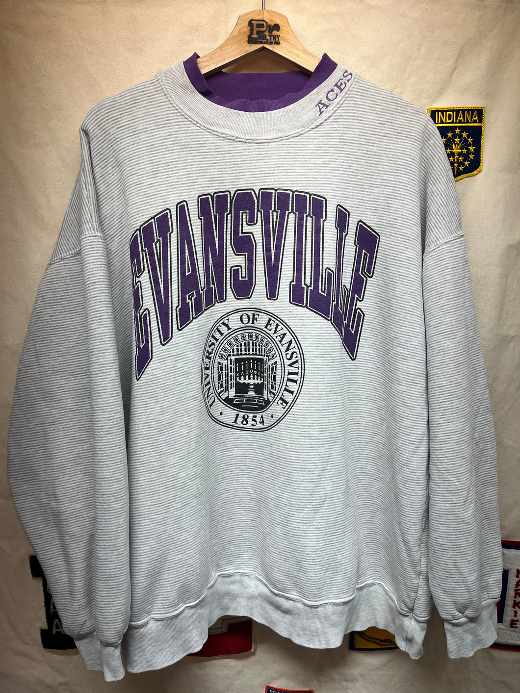 Vintage University of Evansville Purple Aces Grey Striped Crewneck Crest Sweatshirt: XL