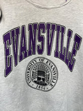 Load image into Gallery viewer, Vintage University of Evansville Purple Aces Grey Striped Crewneck Crest Sweatshirt: XL
