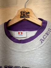 Load image into Gallery viewer, Vintage University of Evansville Purple Aces Grey Striped Crewneck Crest Sweatshirt: XL
