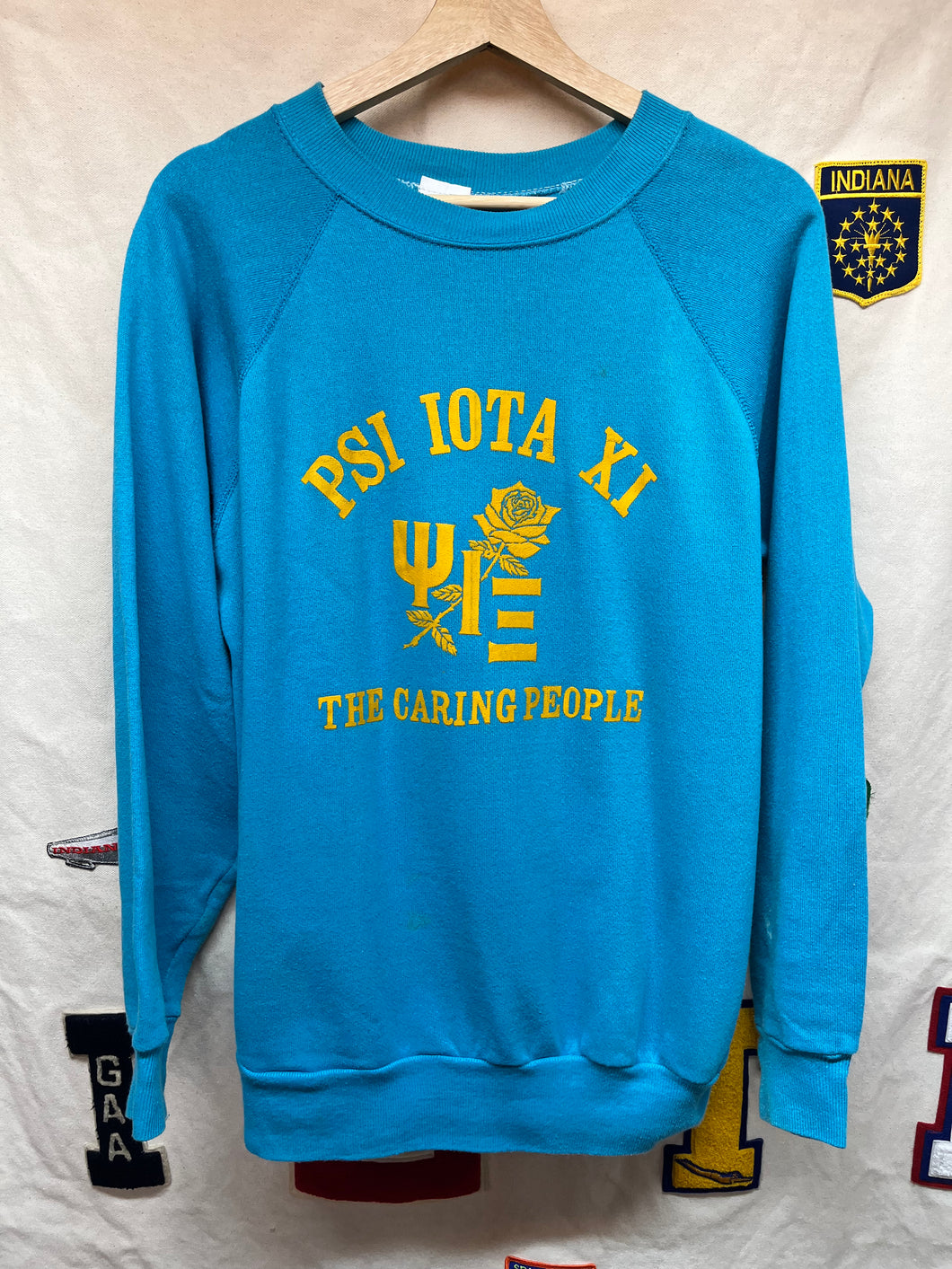 Vintage PSI IOTA XI The Caring People Turquoise 80's Raglan Crewneck Sweatshirt: Large