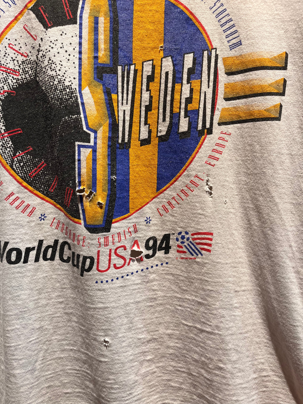 Vintage Sweden World Cup USA 94 Soccer 1994 White Distressed T-Shirt: Large