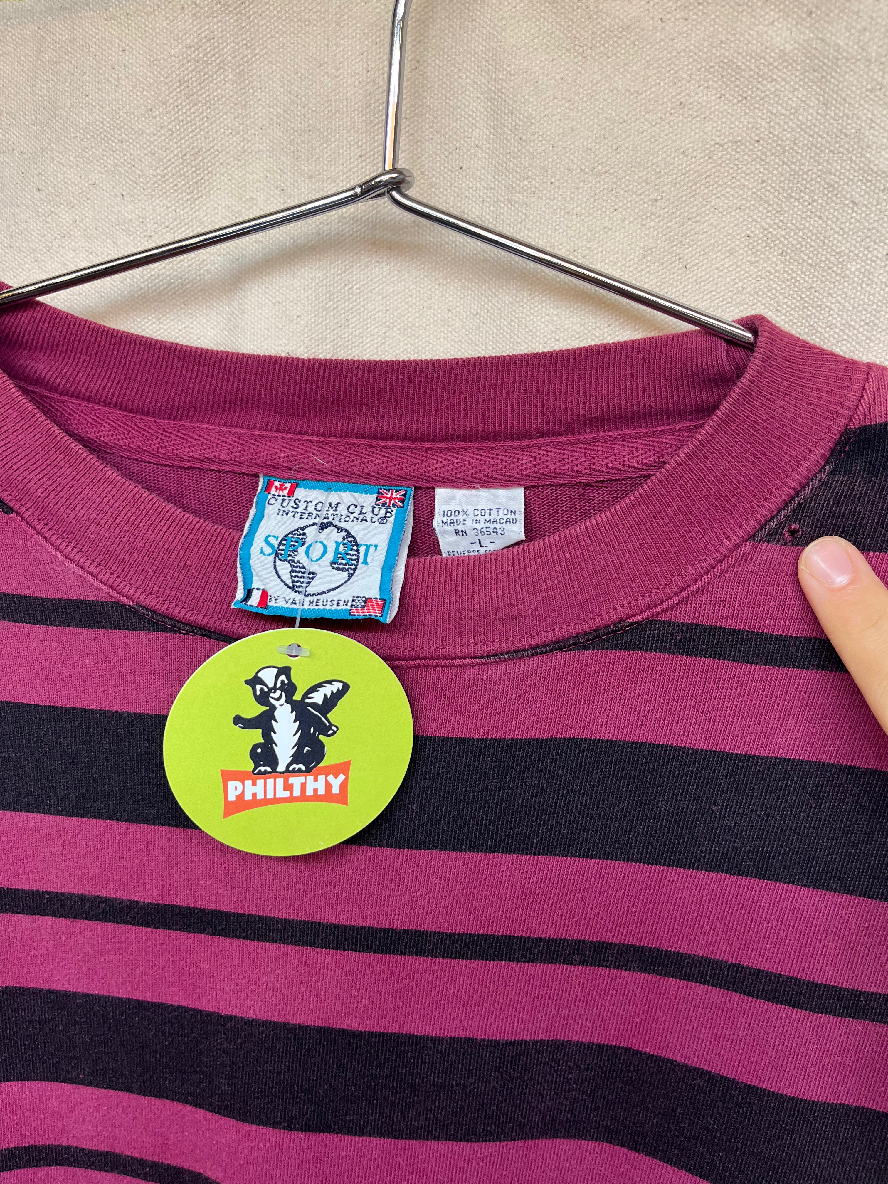 Vintage Custom Club International Sport Van Heusen Longsleeve Burgandy Striped Surf Thick T-Shirt: Large