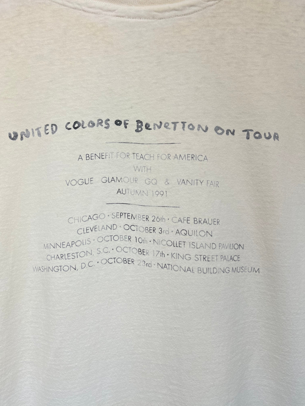 Vintage United Colors of Benetton On Tour Benefit 1991 Art Vogue GQ White T-Shirt: XL