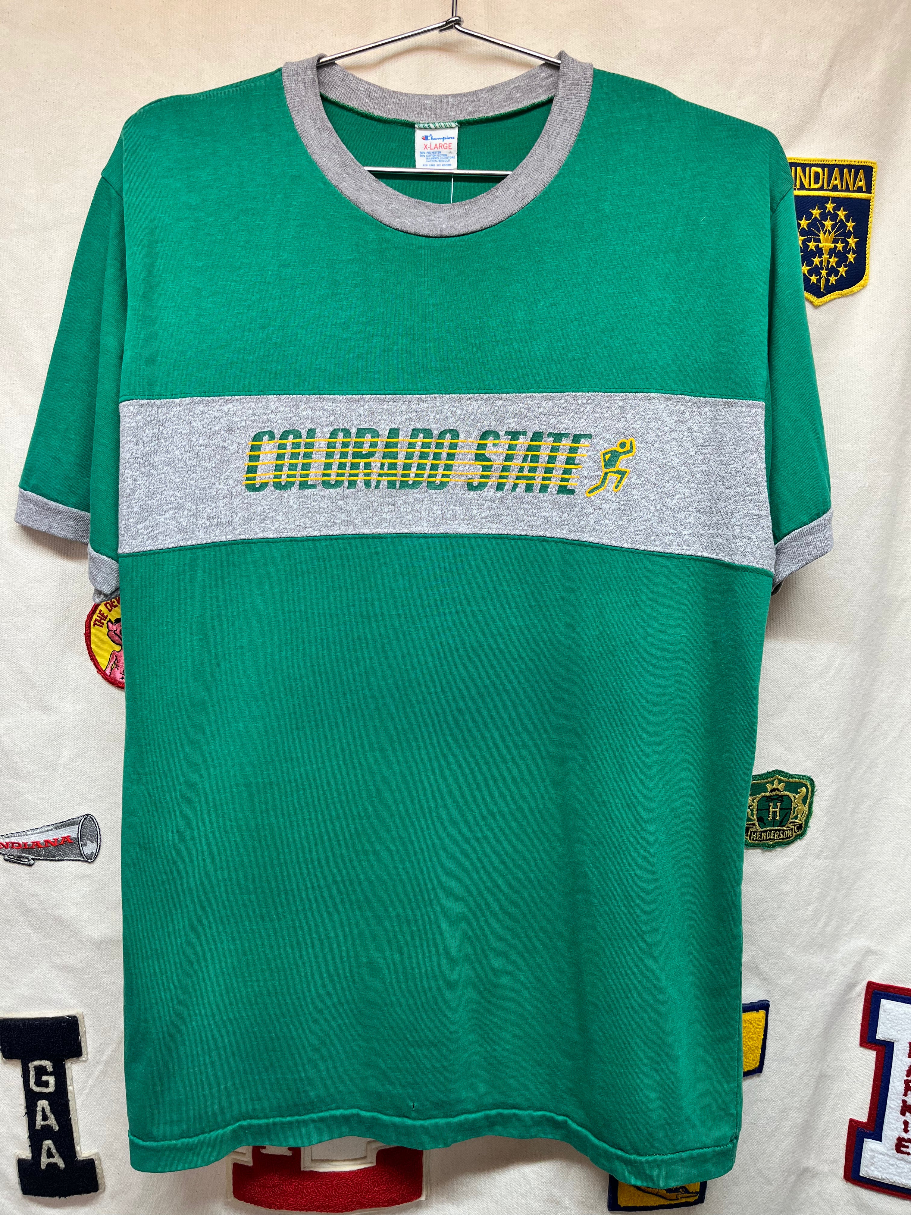 Vintage Colorado State University Rams Cross Country Champion Ringer Blue Bar Green 80's T-Shirt: XL