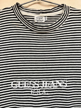 Load image into Gallery viewer, Vintage Guess Jeans USA 90s Spellout Black/White Micro Stripe T-Shirt: Small/X-Small
