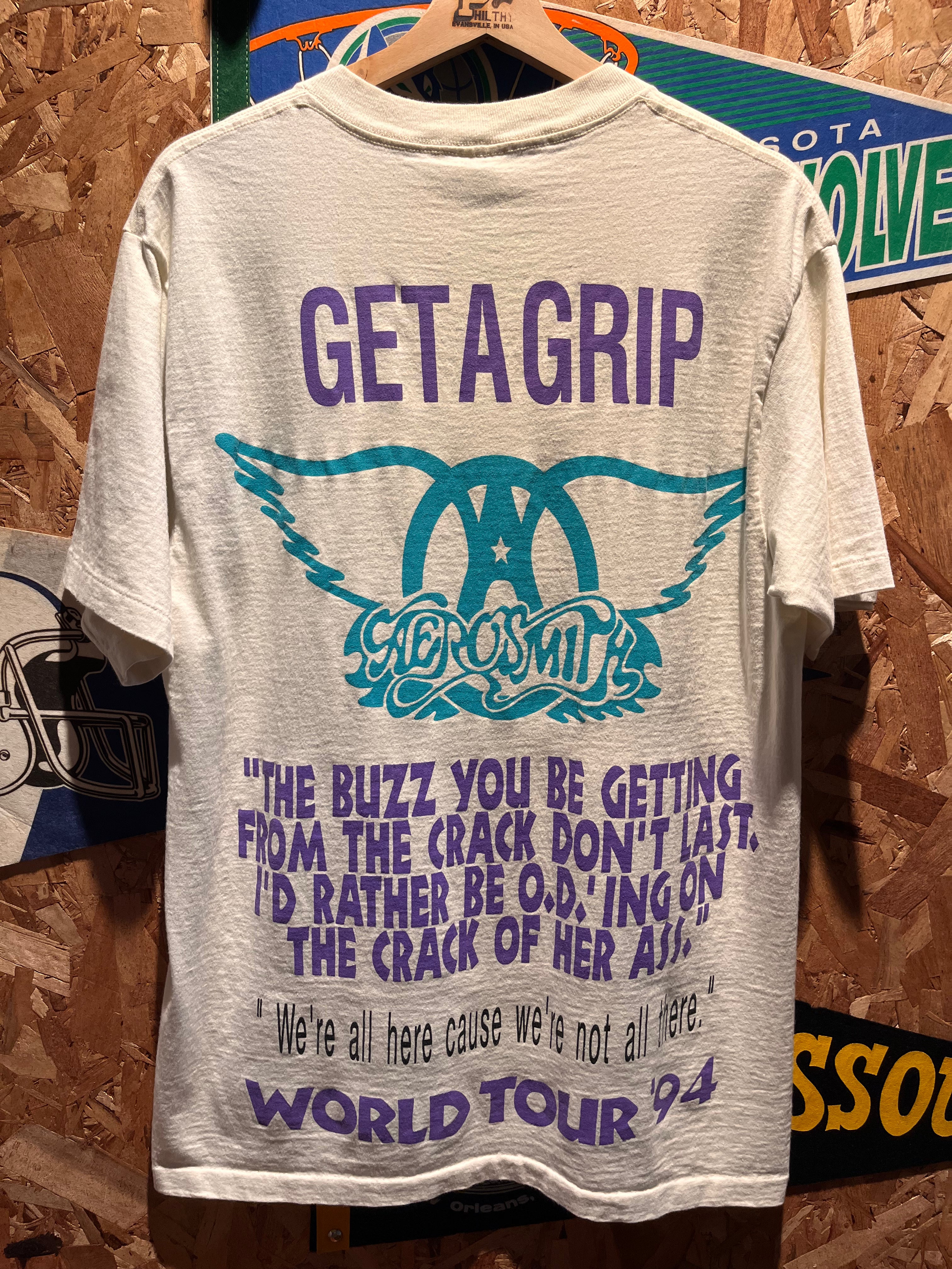 Vtg Aerosmith Band Get A Grip 1994 World Tour All Over Print White T-Shirt: Large
