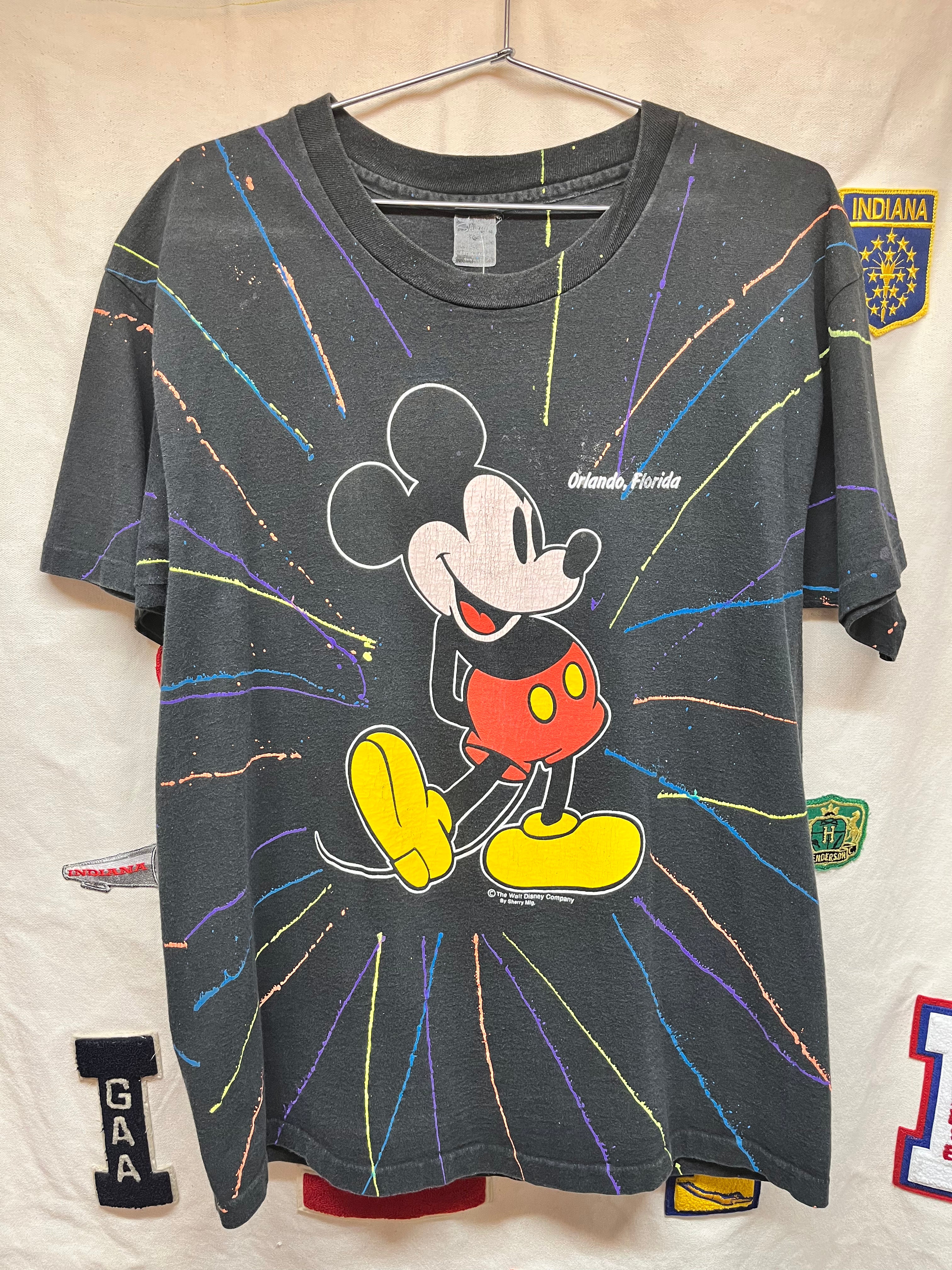 Vintage Mickey Mouse Disney All Over Print Splatter Art 90s Orlando Sherrys Black T-Shirt: XL