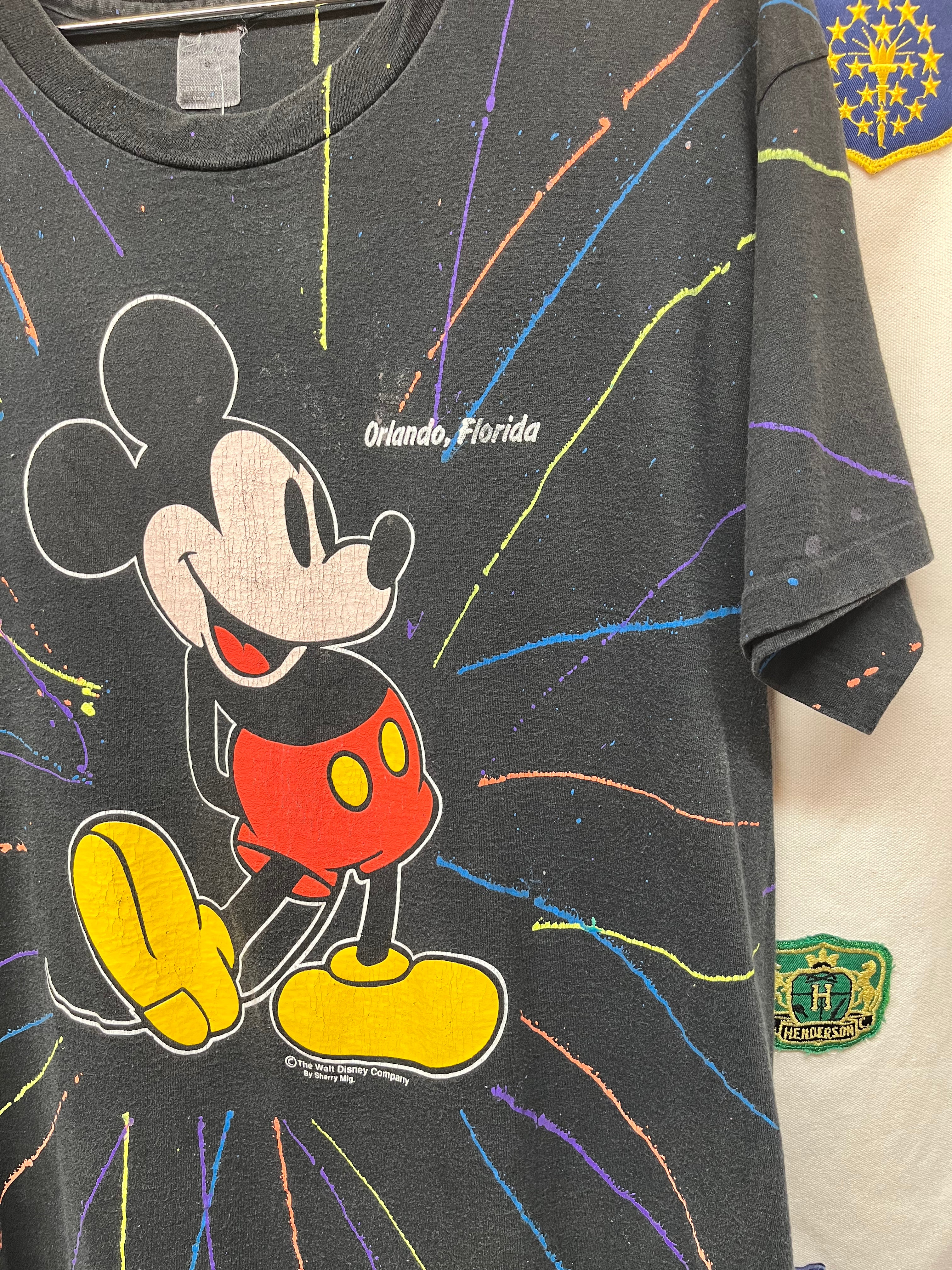 Vintage Mickey Mouse Disney All Over Print Splatter Art 90s Orlando Sherrys Black T-Shirt: XL