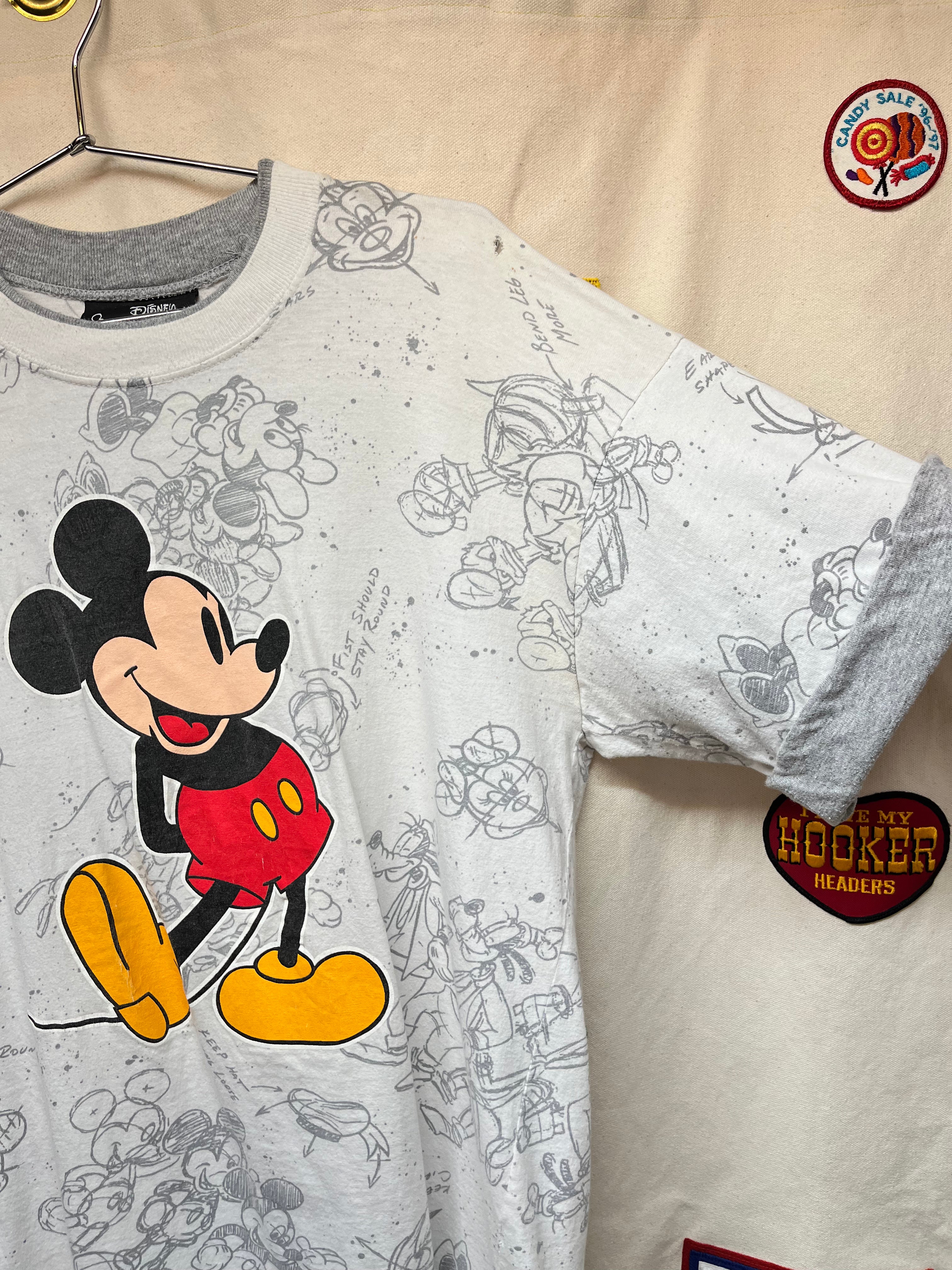 Vintage Mickey Mouse All Over Print Art Sketch Disney Originals Double Layer Sleeve T-Shirt: L/XL