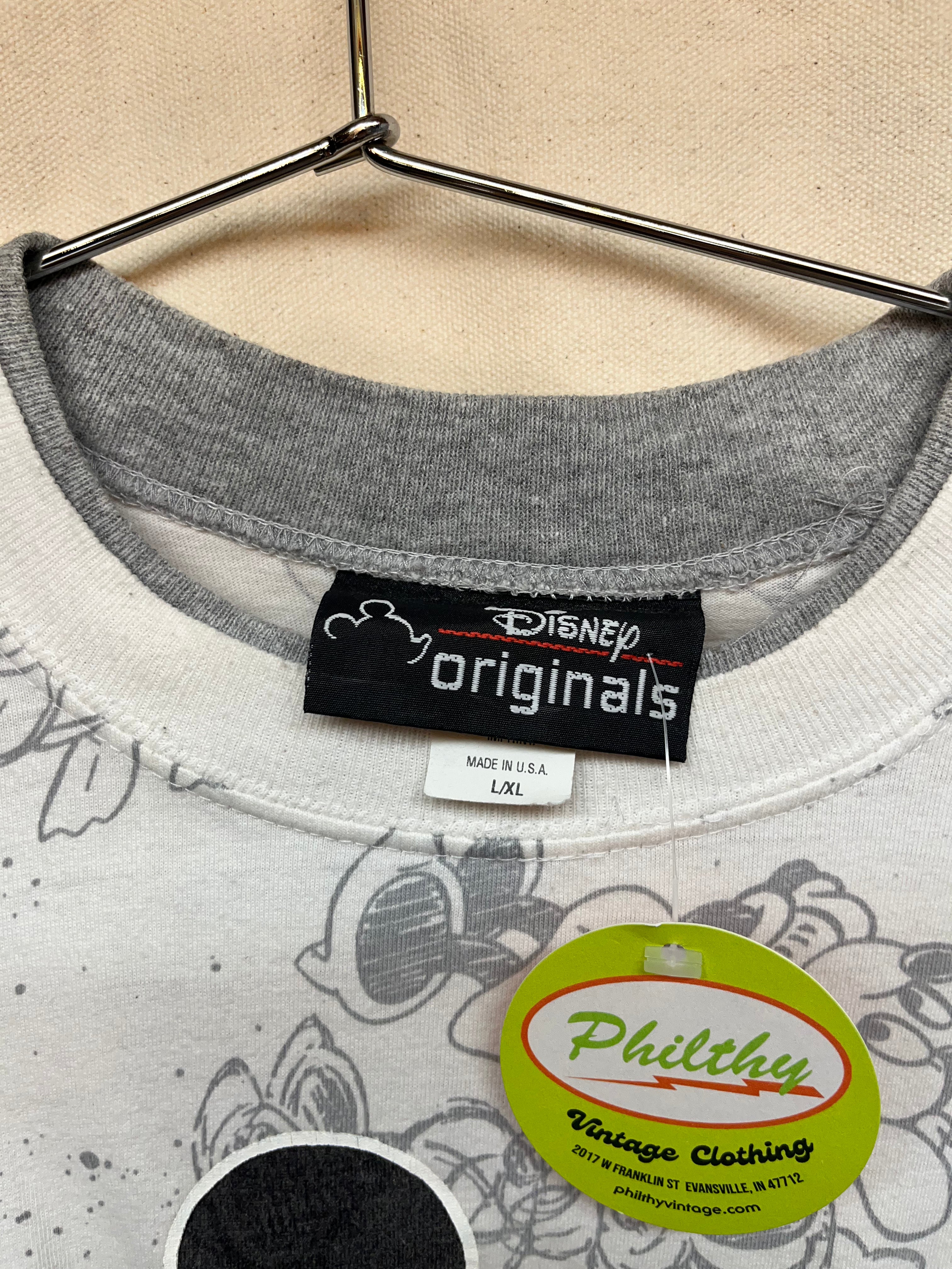 Vintage Mickey Mouse All Over Print Art Sketch Disney Originals Double Layer Sleeve T-Shirt: L/XL