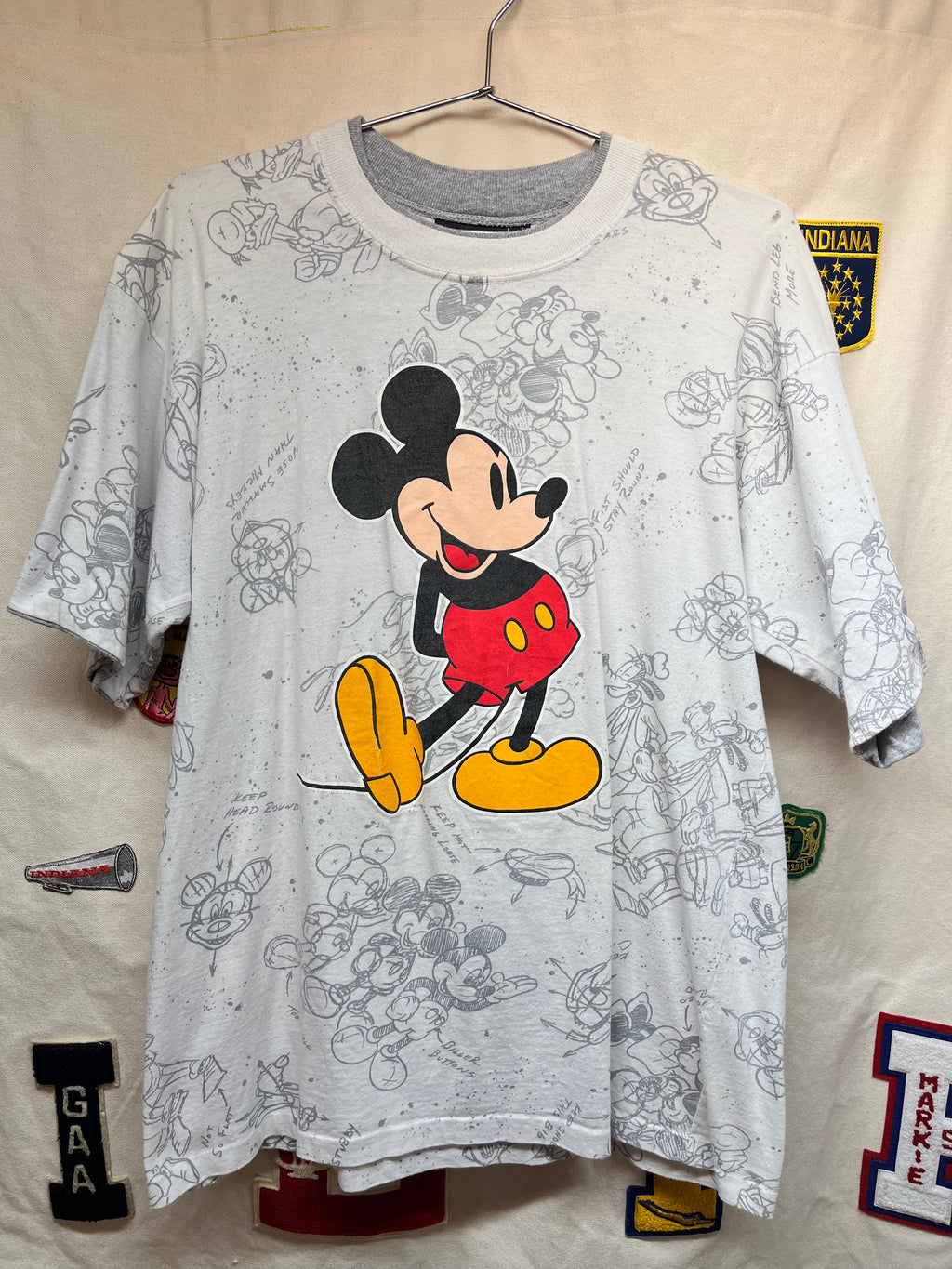 Vintage Mickey Mouse All Over Print Art Sketch Disney Originals Double Layer Sleeve T-Shirt: L/XL