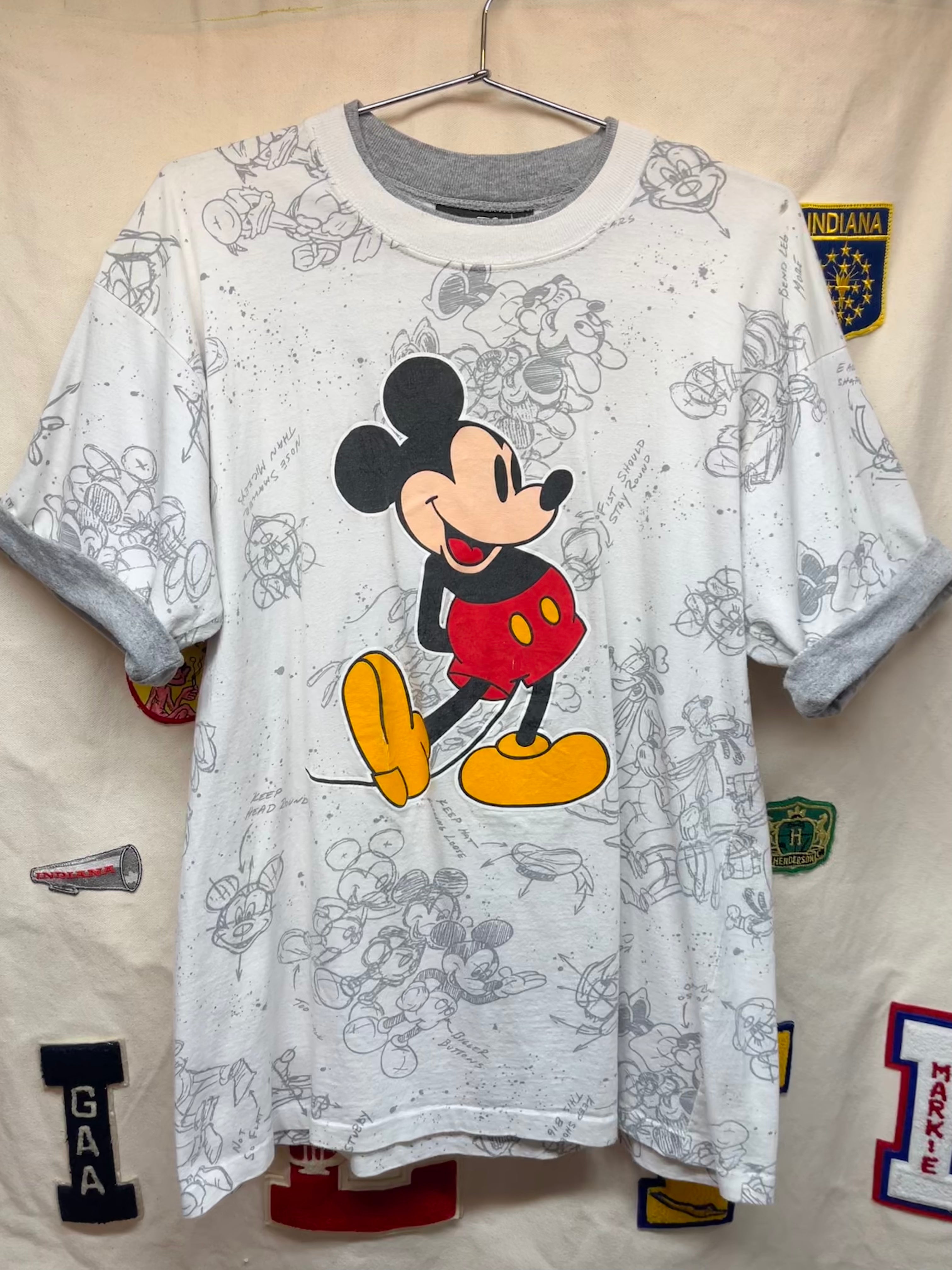 Vintage Mickey Mouse All Over Print Art Sketch Disney Originals Double Layer Sleeve T-Shirt: L/XL