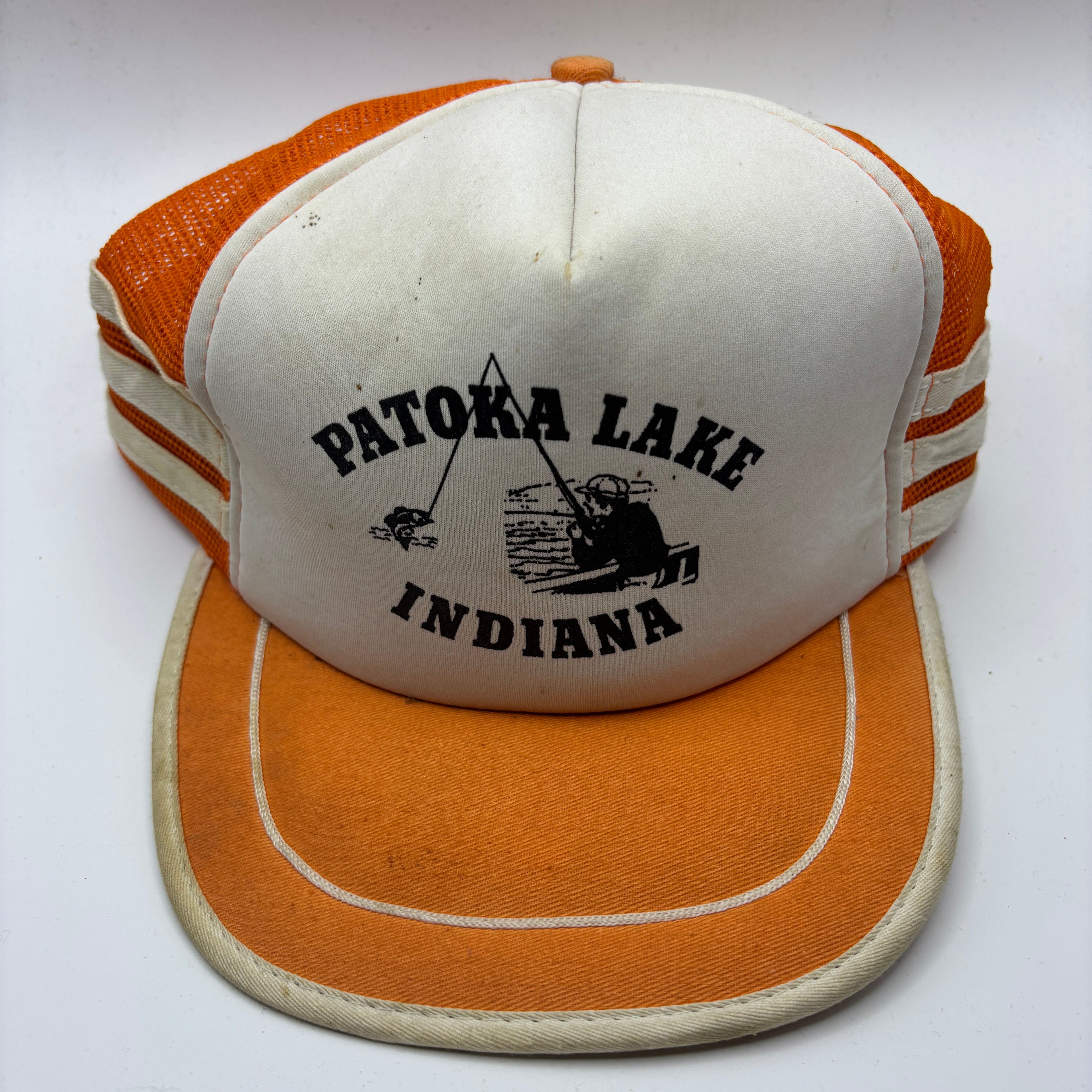 Vintage Patoka Lake Indiana Fishing 3 Stripe Trucker Mesh Snapback Hat