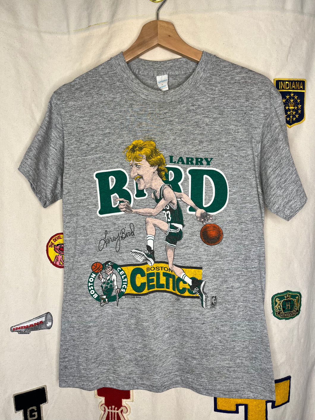 Vintage Larry Bird Boston Celtics NBA Salem Caricature Grey T-Shirt: Small/Medium