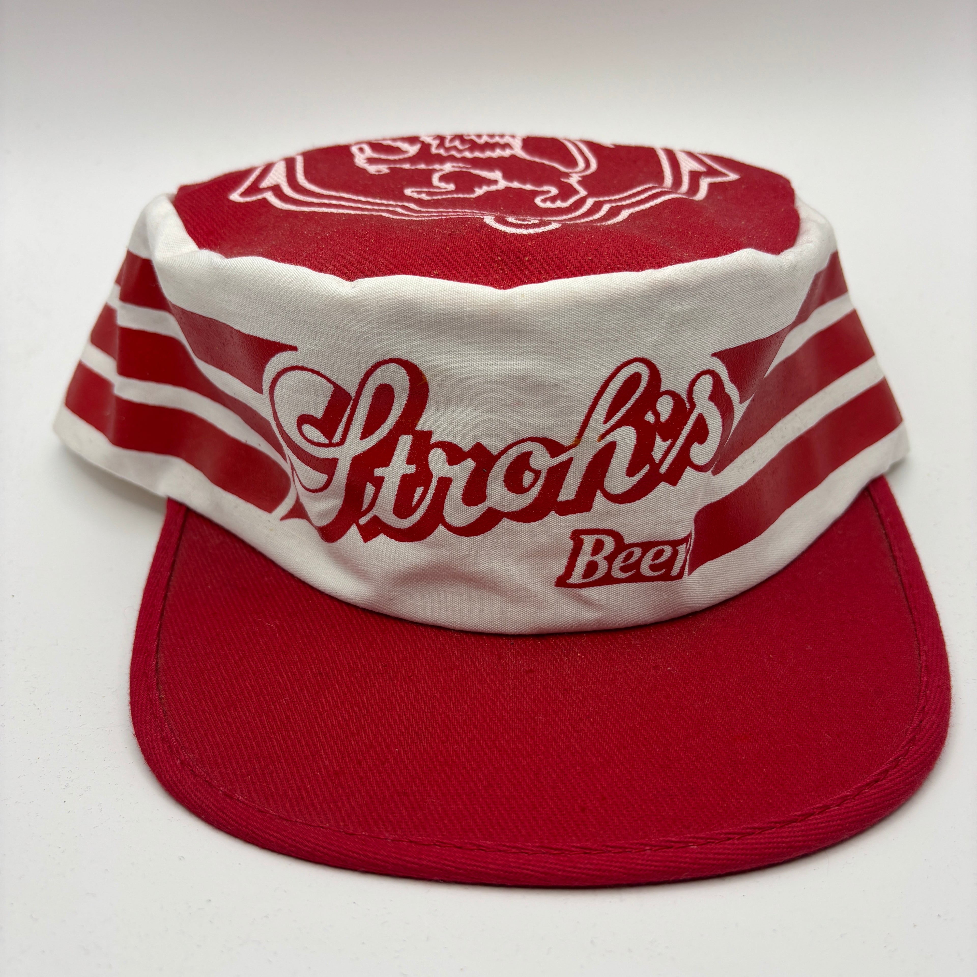 Vintage Stroh's Beer Red Cotton Pillbox Painters Snapback Hat