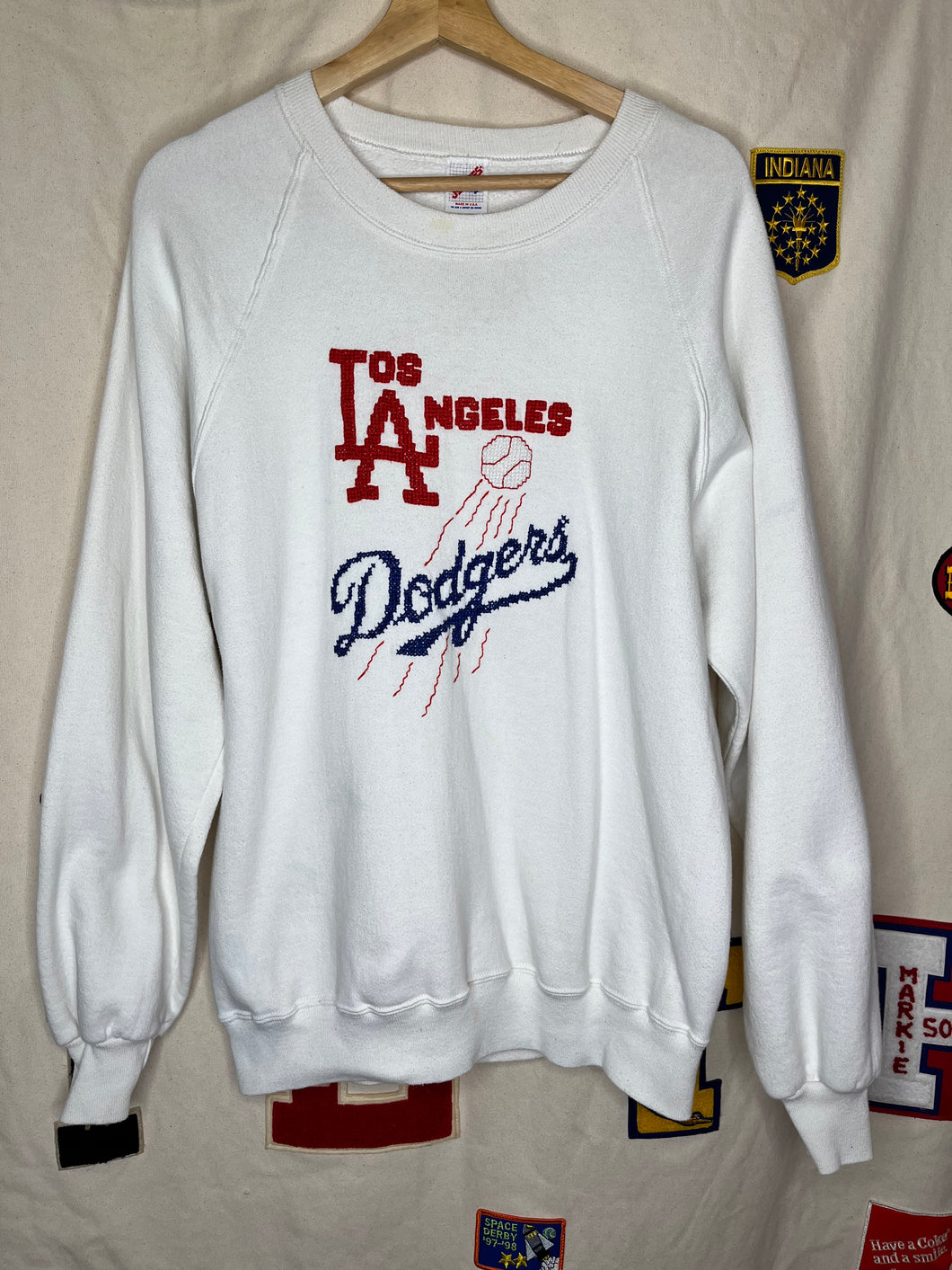Vintage Los Angeles Dodgers LA MLB Cross Stitched White Crewneck Sweatshirt: XL