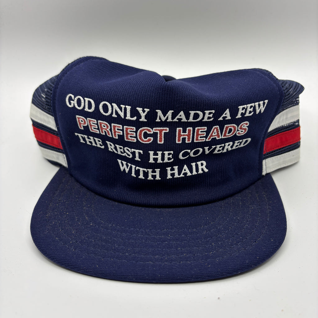 Vintage Bald Perfect Heads Funny Navy 3 Stripe Mesh Trucker Snapback Hat
