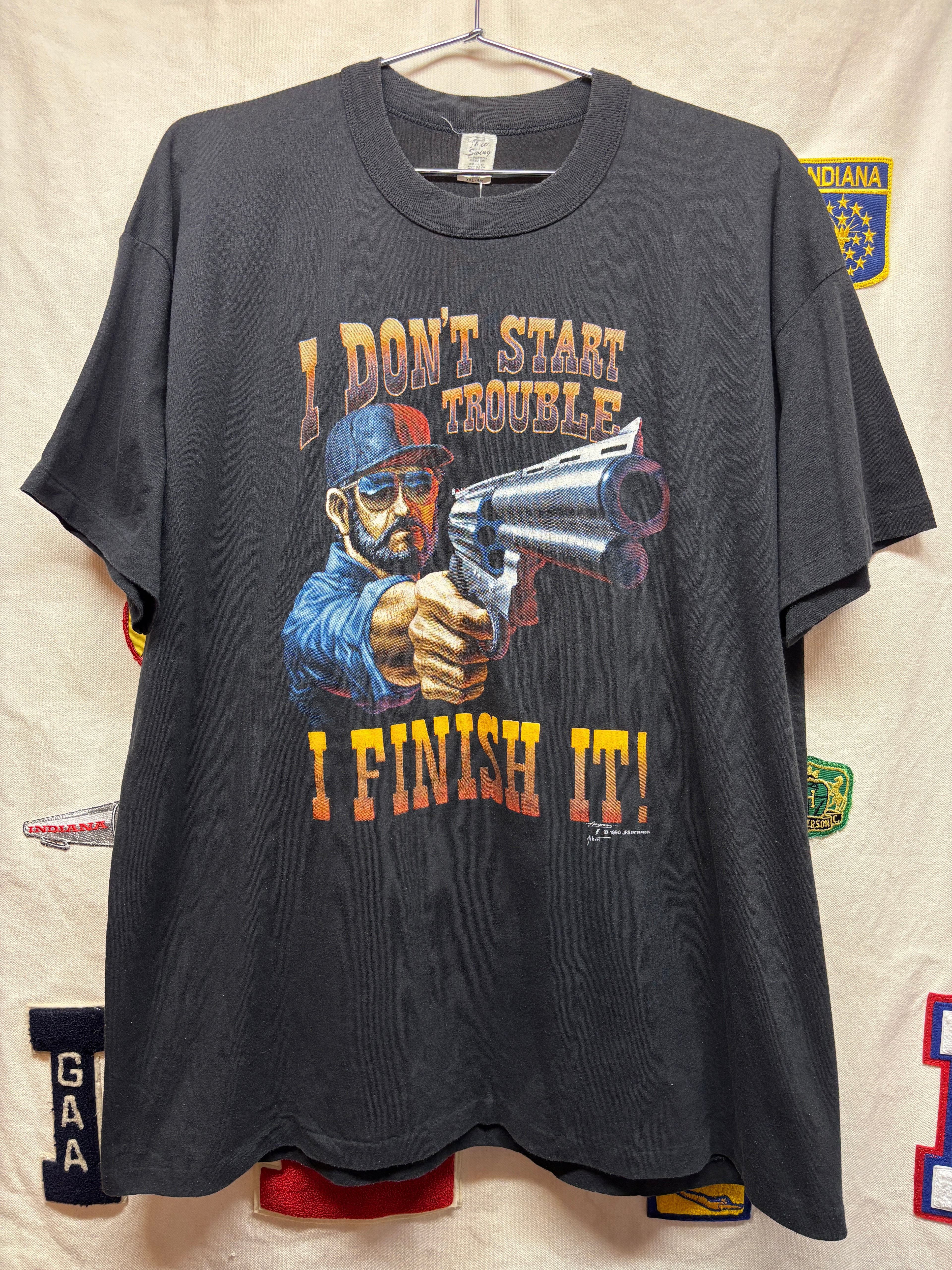Vtg JRS Enterprises "I Don't Start Trouble..." Gun T-Shirt: XXL