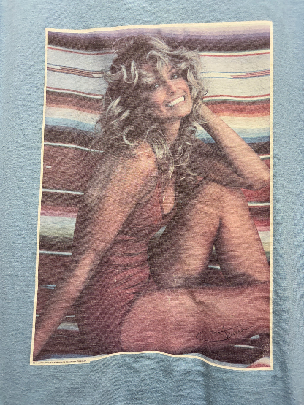 Vtg 70's Farrah Fawcett Poster Blue T-Shirt: M