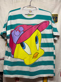 Vtg Tweety Bird Looney Tunes Big Face Striped T-Shirt: L