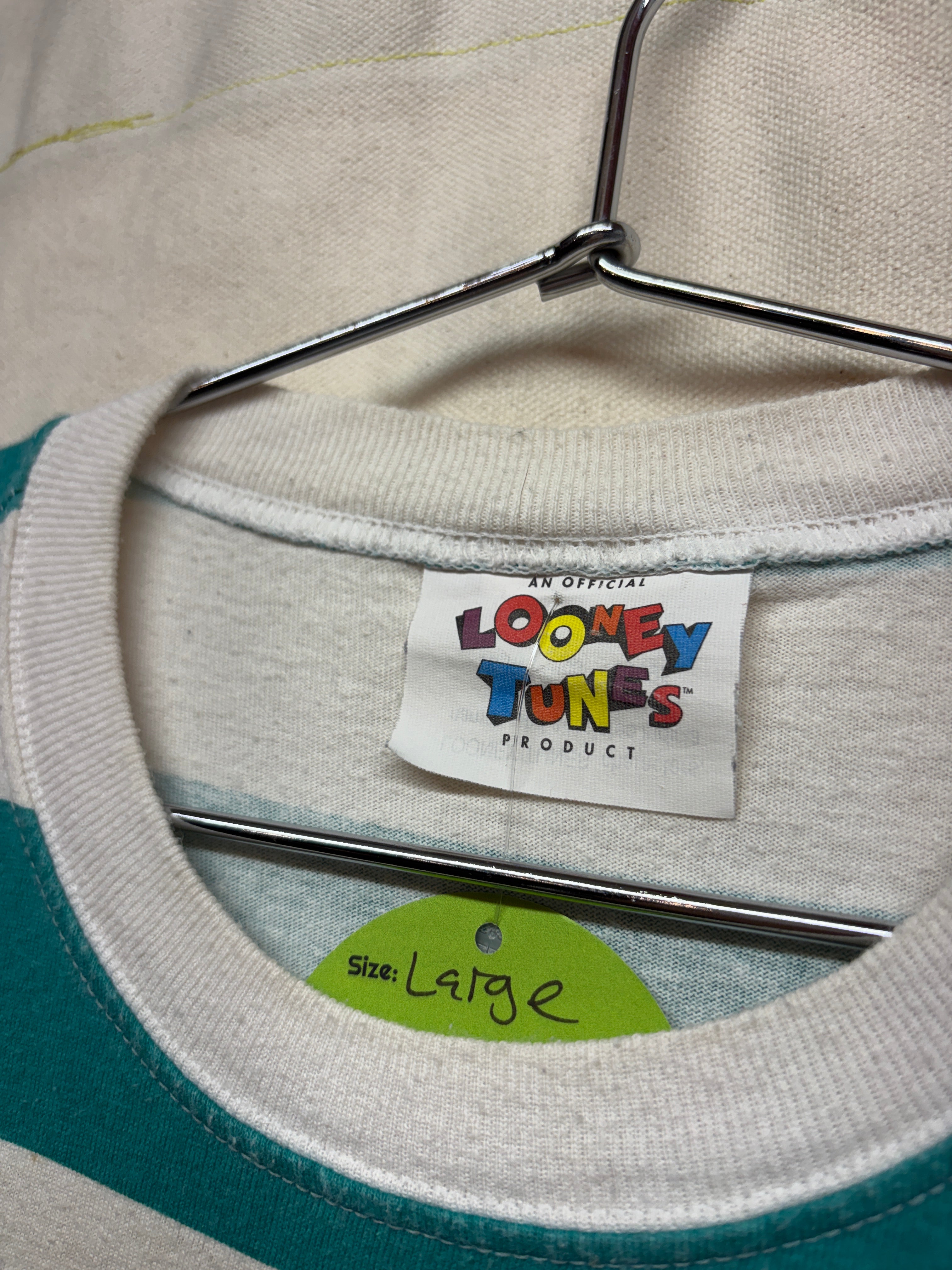 Vtg Tweety Bird Looney Tunes Big Face Striped T-Shirt: L