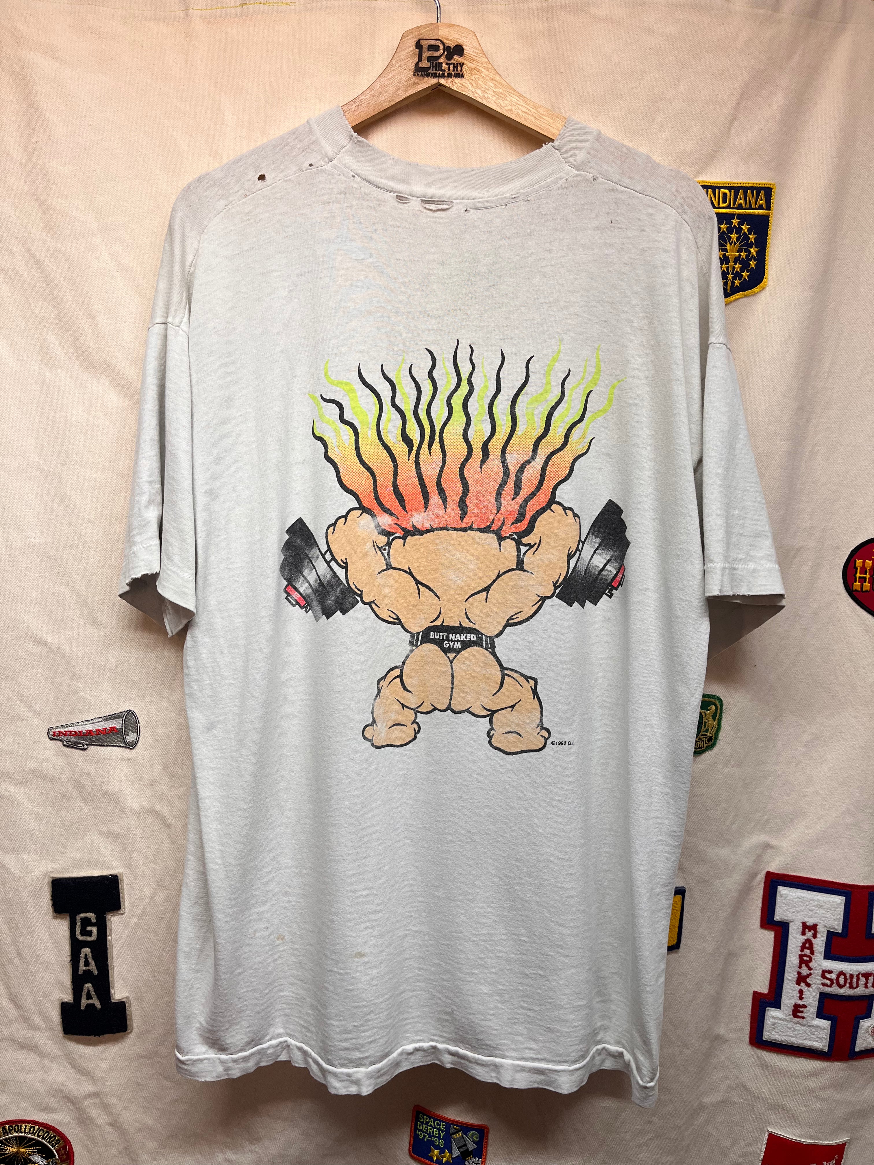 Vintage Butt Naked Gym Troll Lifting 90's Distressed White T-Shirt: XL